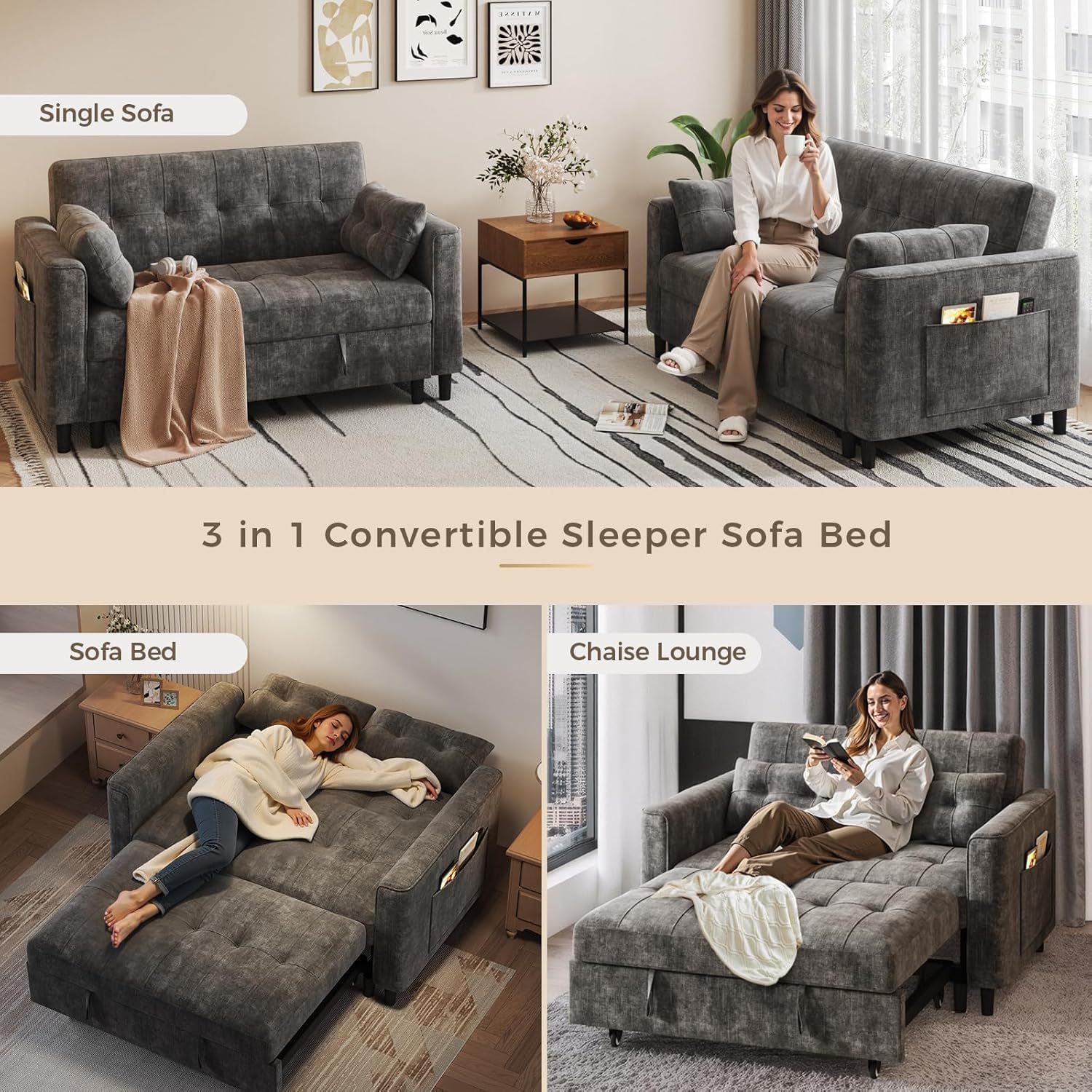 KKL 3 in 1 Convertible Sleeper Sofa Bed, Small Pull Out Couch Bed with Adjustable Backrest, Chenille Loveseat Couches with Side Pocket,Futon Sofa Beds Couch for Living Room, Bedroom,(Dark Grey)