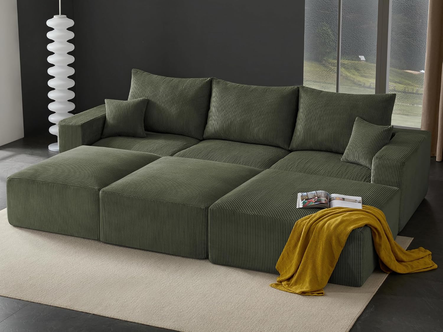 Gericco 113' Modular Sectional Couch, Cloud Boneless Sofa with Deep Seats, Upholstered Corduroy Sofa Bed with Loung Chaise, 3-Seater Couches for Living Room, No Assembly Required, Green