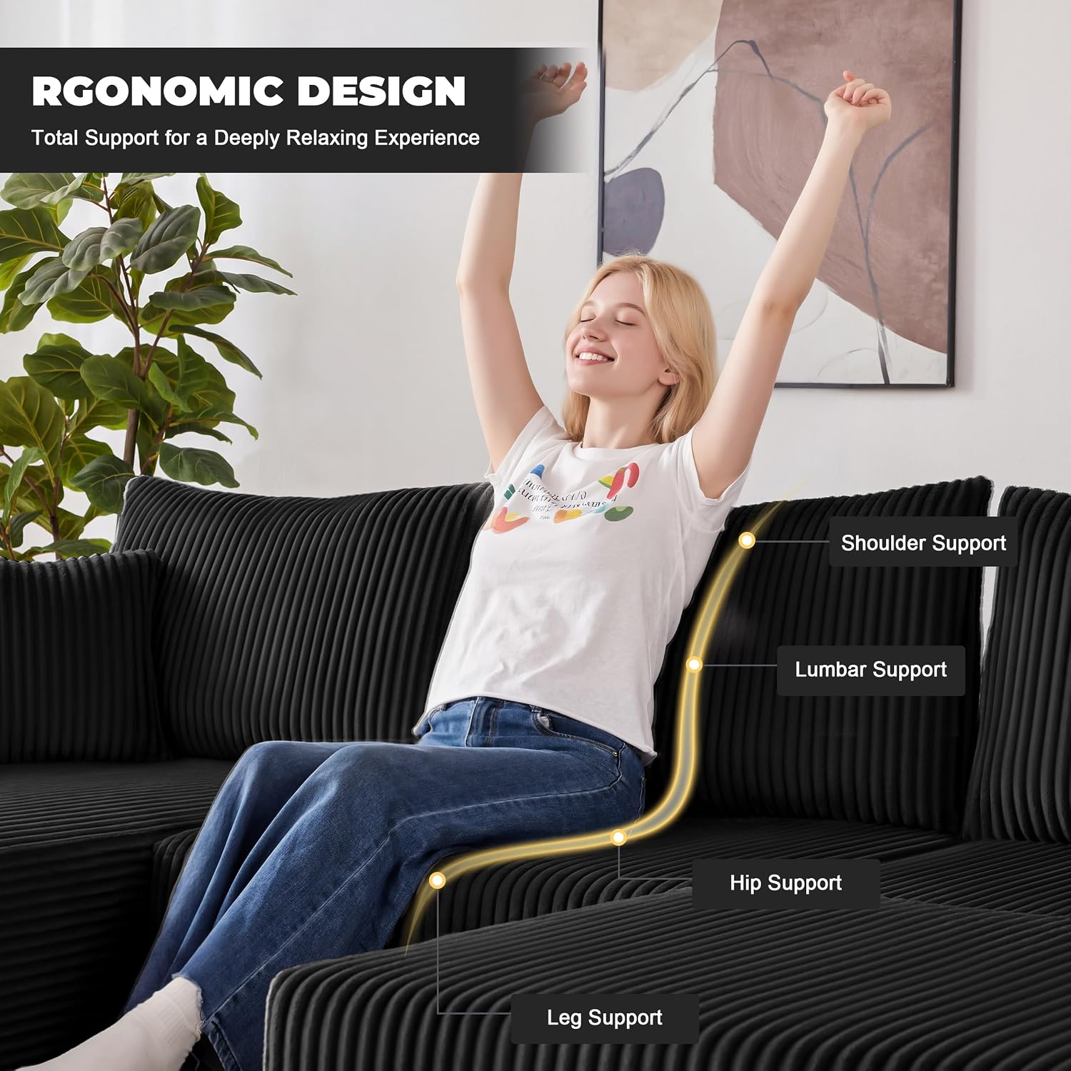 Weture 108' Modular Sectional Couches, Modern Modular U-Shape Sofa with Chaise, Cloud Sectional Couch with Deep Seat, Upholstered Boneless Sofa for Living Room (Corduroy, Black)