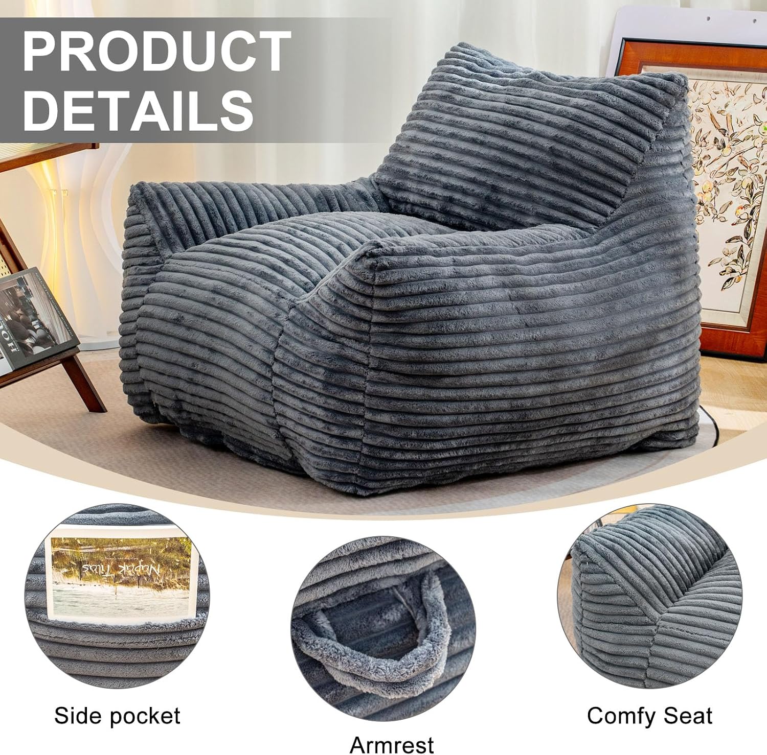 Bean Bag Chair for Adults, Comfy Corduroy Beanbag with Armrests, Lazy Sofa Floor Chair for Living Room, Bedroom, Dorm & Lounge, Cozy Fluffy Single Mini Couch (Gray)