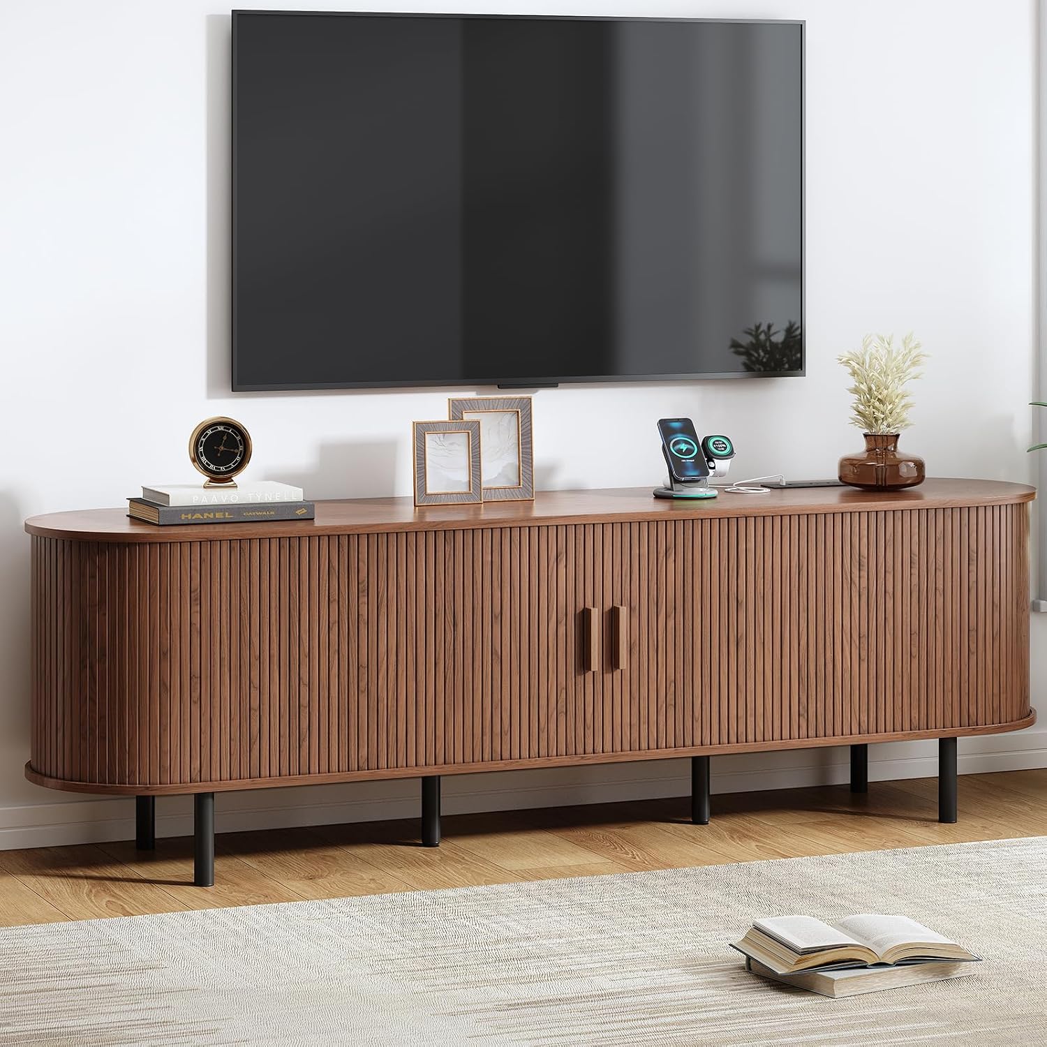 70.8' TV Stand with Power Outlet, Mid-Century Modern Television Stand, Fluted Media Console with Sliding Doors, Entertainment Center for TVs up to 60 Inch, Adjustable Shelves, Walnut