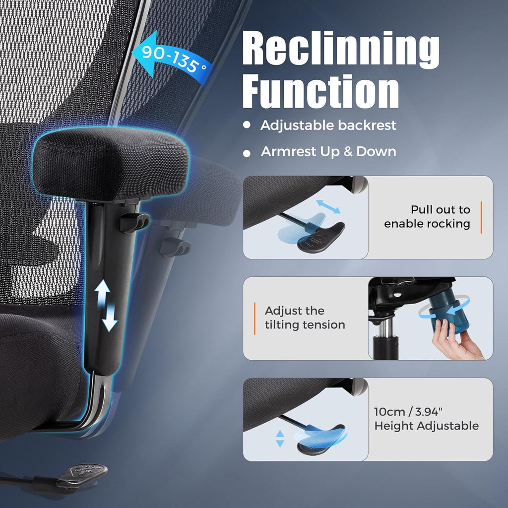 Big and Tall Office Desk Chair 500lbs, Ergonomic Heavy Duty Mesh Desk Chair, Executive Swivel Task Computer Chairs for Home Office, Adjustable Lumbar Support and Armrests (Black)