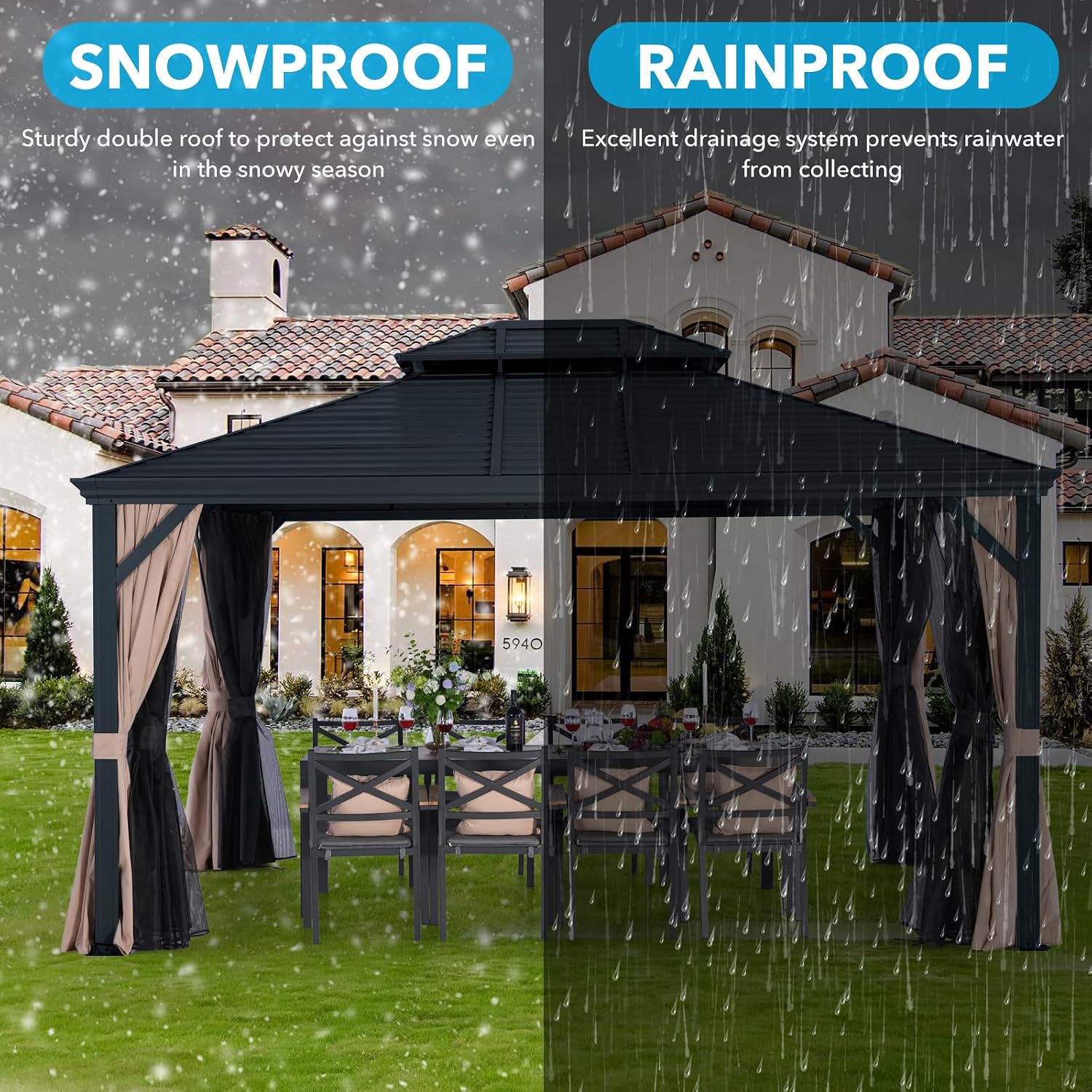 LeDoasis Nova 12' X 14' Hardtop Gazebo with Curtains and Netting, Permanent Aluminum Metal Canopy with Galvanized Steel Double Roof, for Patio Lawn and Garden