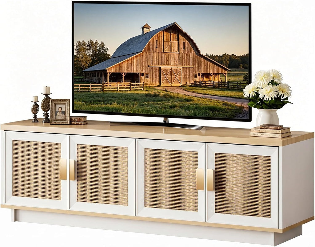 PROXRACER Rattan TV Stand for 65 Inch TV, Boho Media Console with 4 Woven Cane Doors, Modern Farmhouse Entertainment Center, Low Profile TV Cabinet with Storage for Living Room, White & Light Wood