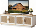 PROXRACER Rattan TV Stand for 65 Inch TV, Boho Media Console with 4 Woven Cane Doors, Modern Farmhouse Entertainment Center, Low Profile TV Cabinet with Storage for Living Room, White & Light Wood