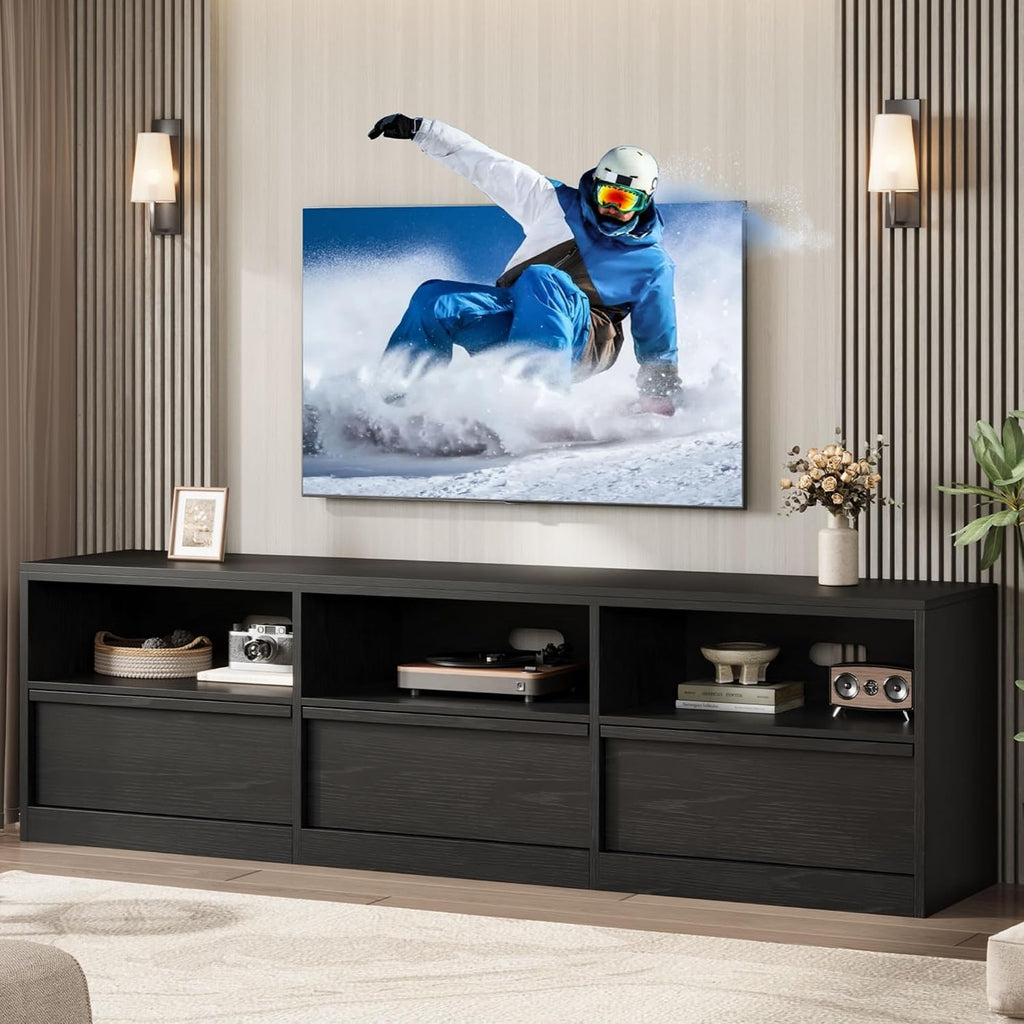 IDEALHOUSE 70 inch TV Stand for 80' TVs, Mid Century Modern Entertainment Center with Storage Drawer & Open Shelves, Wood Media Console Cabinet for Living Room/Bedroom, Black