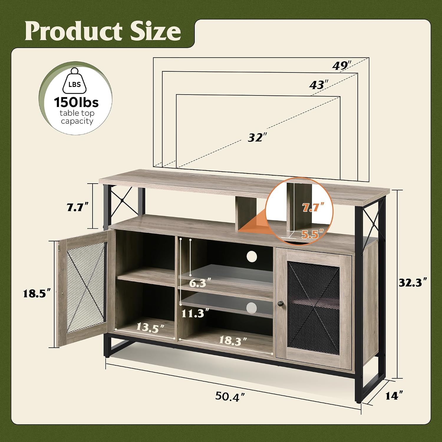 WLIVE TV Stand 55 inch TV, Tall Entertainment Center and Industrial TV Console Cabinet with Storage for Bedroom Living Room, Greige