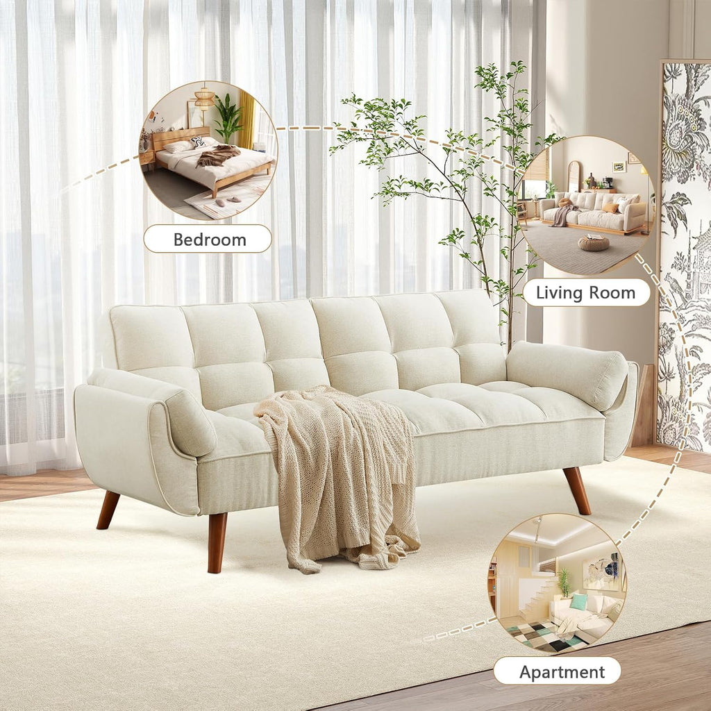 75' Convertible Futon Sofa Bed, Sleeper Couch Bed with Adjustable Backrest, Small Couches for Small Spaces, Living Room, Bedroom and Office (White)
