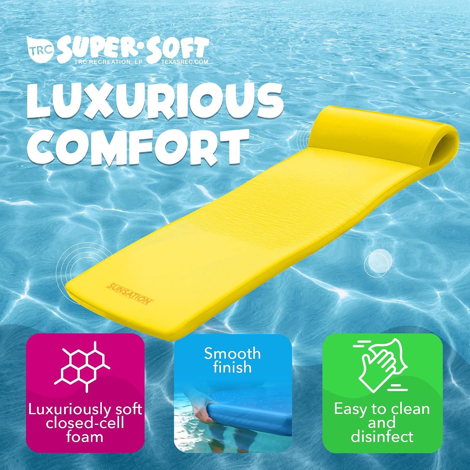 TRC Recreation Sunsation Thick Foam Pool Float Lounger w/Headrest for Lounging & Sunbathing in Swimming Pools, Beaches & Lakes
