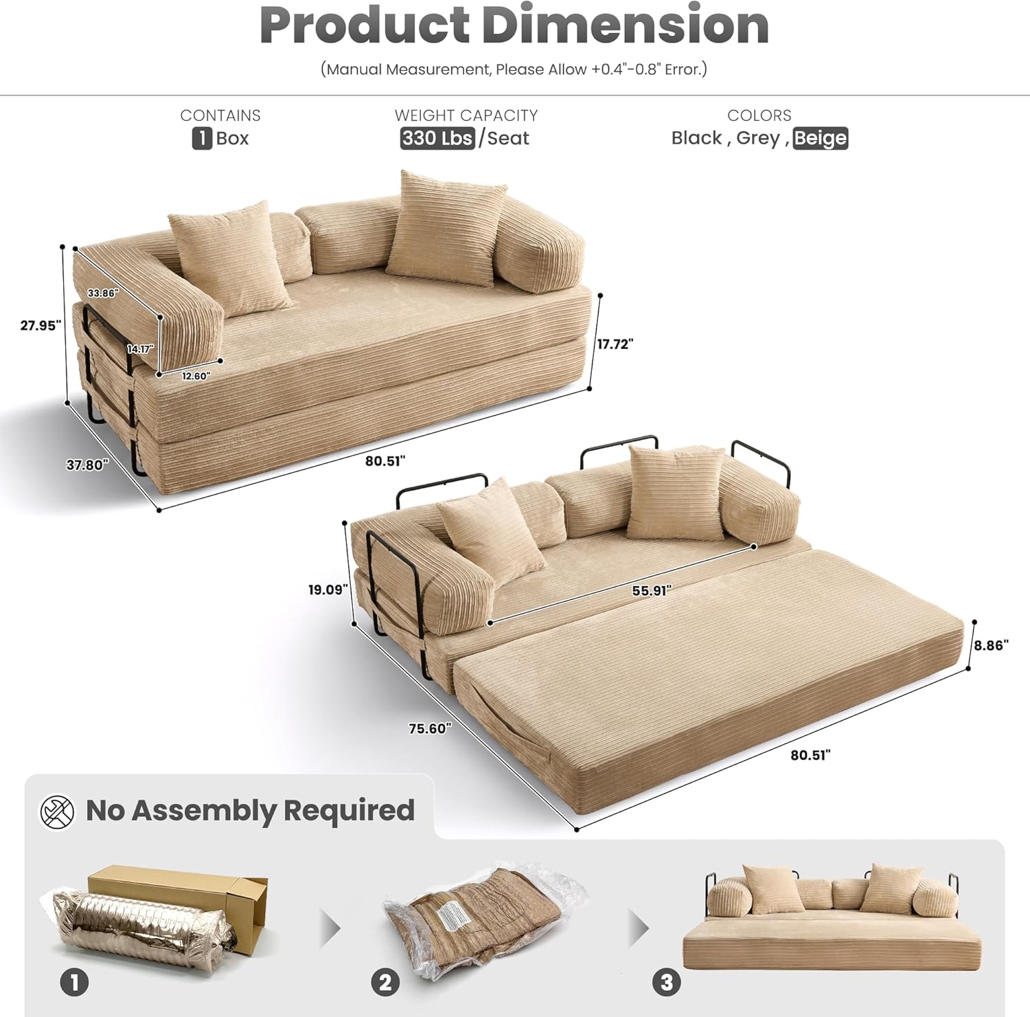 ovios 81' Folding Sofa Bed, Foldable Sleeper Boneless Couch with Pull Out Beds, Modular Convertible Floor Futon Loveseat Lounger for Living Room (Corduroy, Beige)