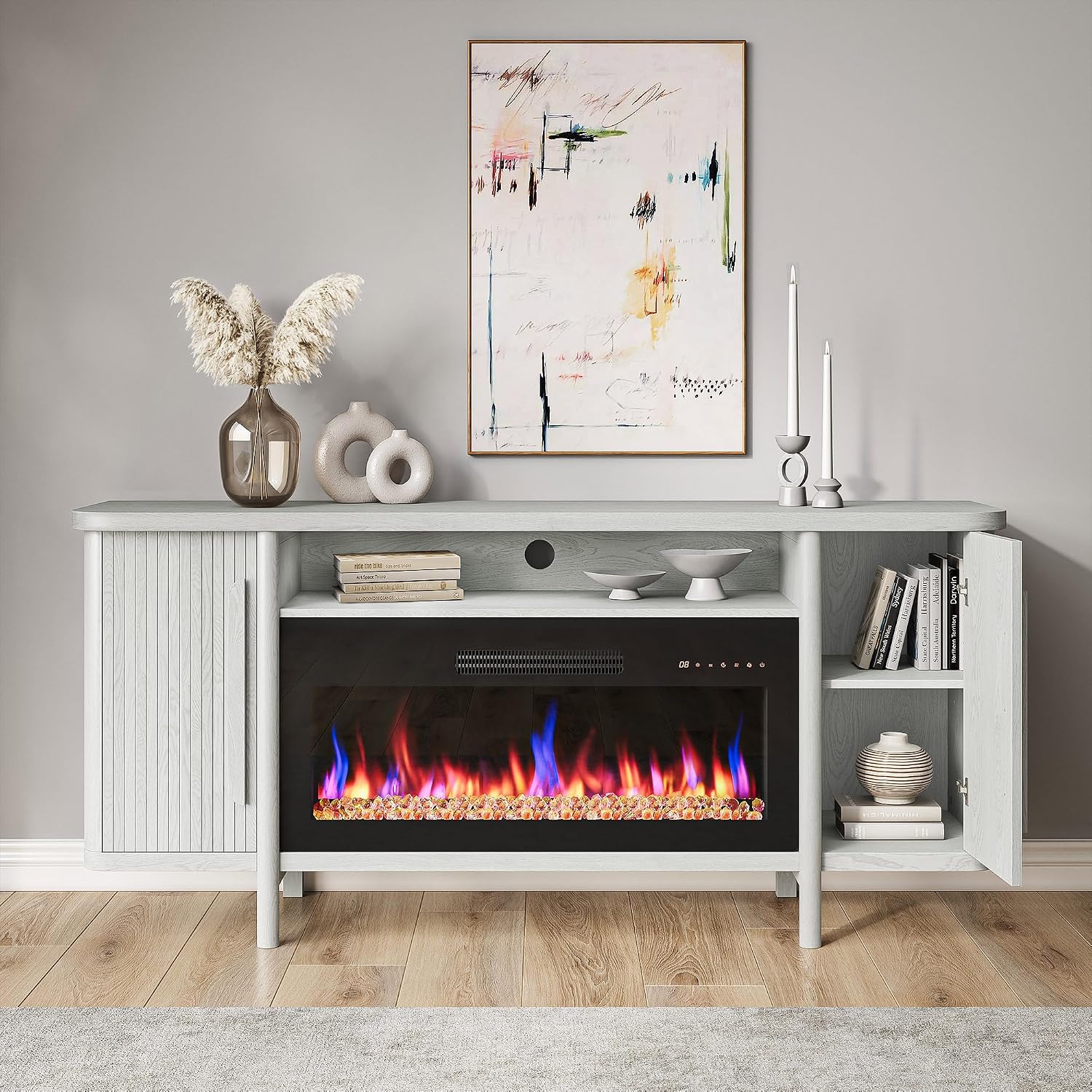 BELLEZE 66' TV Stand with 36' Electric Fireplace Heater, Wood Console Table for TVs up to 75', Entertainment Center with Storage Cabinets for Living Room, Bedroom - Portman (White Sand)