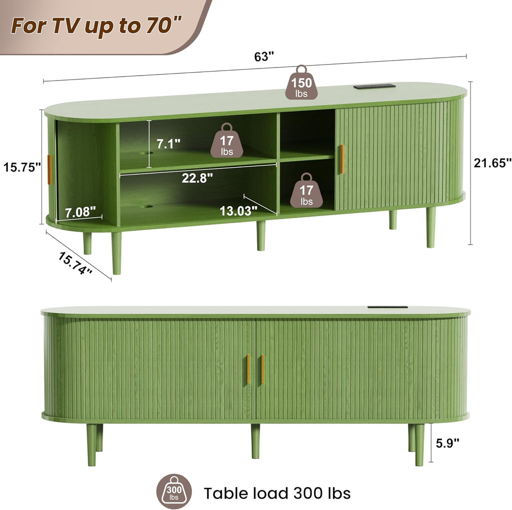 DHH 63 Inch Mid Century Modern TV Stand with Power Outlet for TVs up to 70 Inch, Entertainment Center with Storage and Adjustable Shelves, Media Console with Sliding Doors for Living Room(Green)