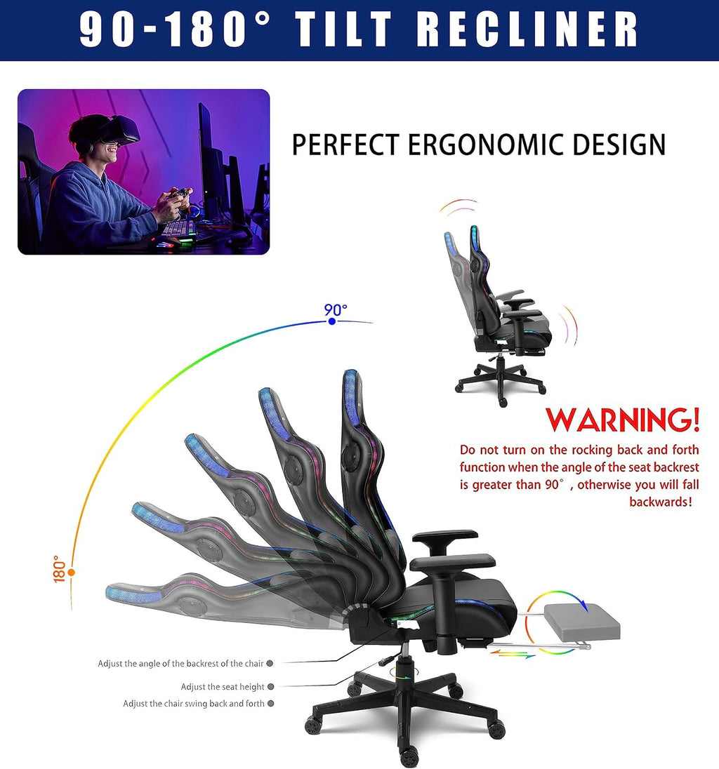 Gaming Chair with Massage and Speakers,Ergonomic Video Gaming Chair with Footrest and Lumbar Support,RGB Racing Gaming Chair, Computer Chair for Adults and Teens, 400lb.,Black