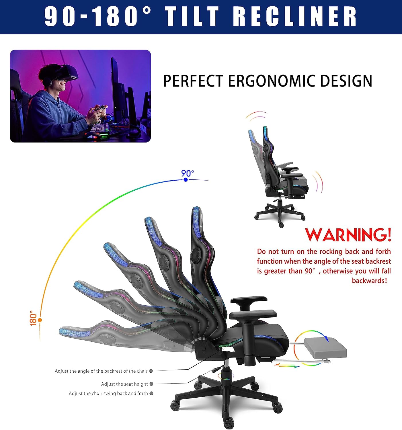 Gaming Chair with Massage and Speakers,Ergonomic Video Gaming Chair with Footrest and Lumbar Support,RGB Racing Gaming Chair, Computer Chair for Adults and Teens, 400lb.,Black