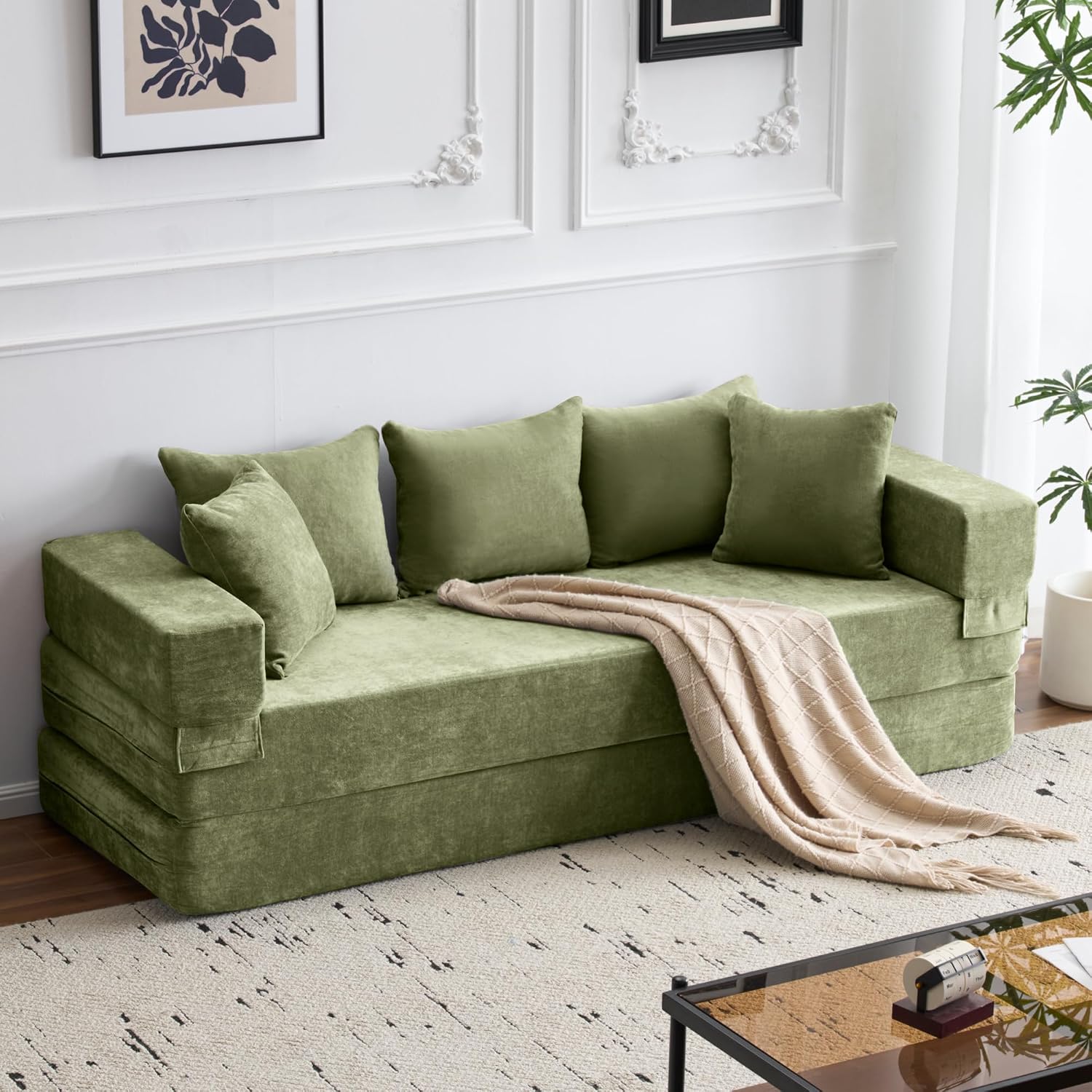 79' Convertible Folding Sofa Bed Queen, Sleeper Sofa Couch with Armrest and Pillows, Chenille Fold Out Floor Chaise Lounge, Comfy Foldable Futon Mattress For Living Room, Bedroom (Green 7.87')