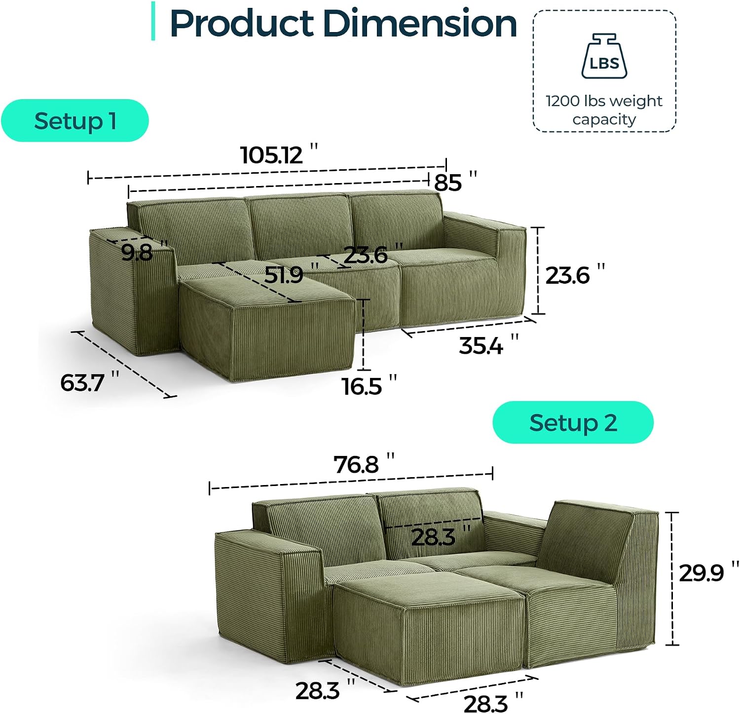 LINSY HOME Modular Sectional Sofa, 105' Boneless Couch L Shaped 3-Seat Sofa with Ottoman, Corduroy Sectional Cloud Couches for Living Room, No Assembly Required, Green