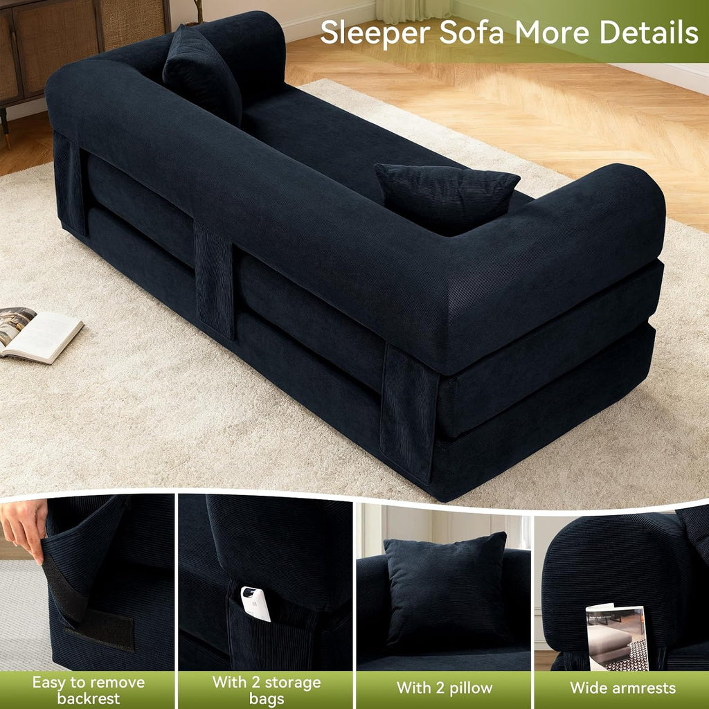 Convertible Futon Sofa Bed,80' Folding Pull Out Couch Bed with Storage,Queen Sleeper Sofa Bed,Compressed Couch in a Box,Corduroy Boneless Couches for Living Room,Deep Blue