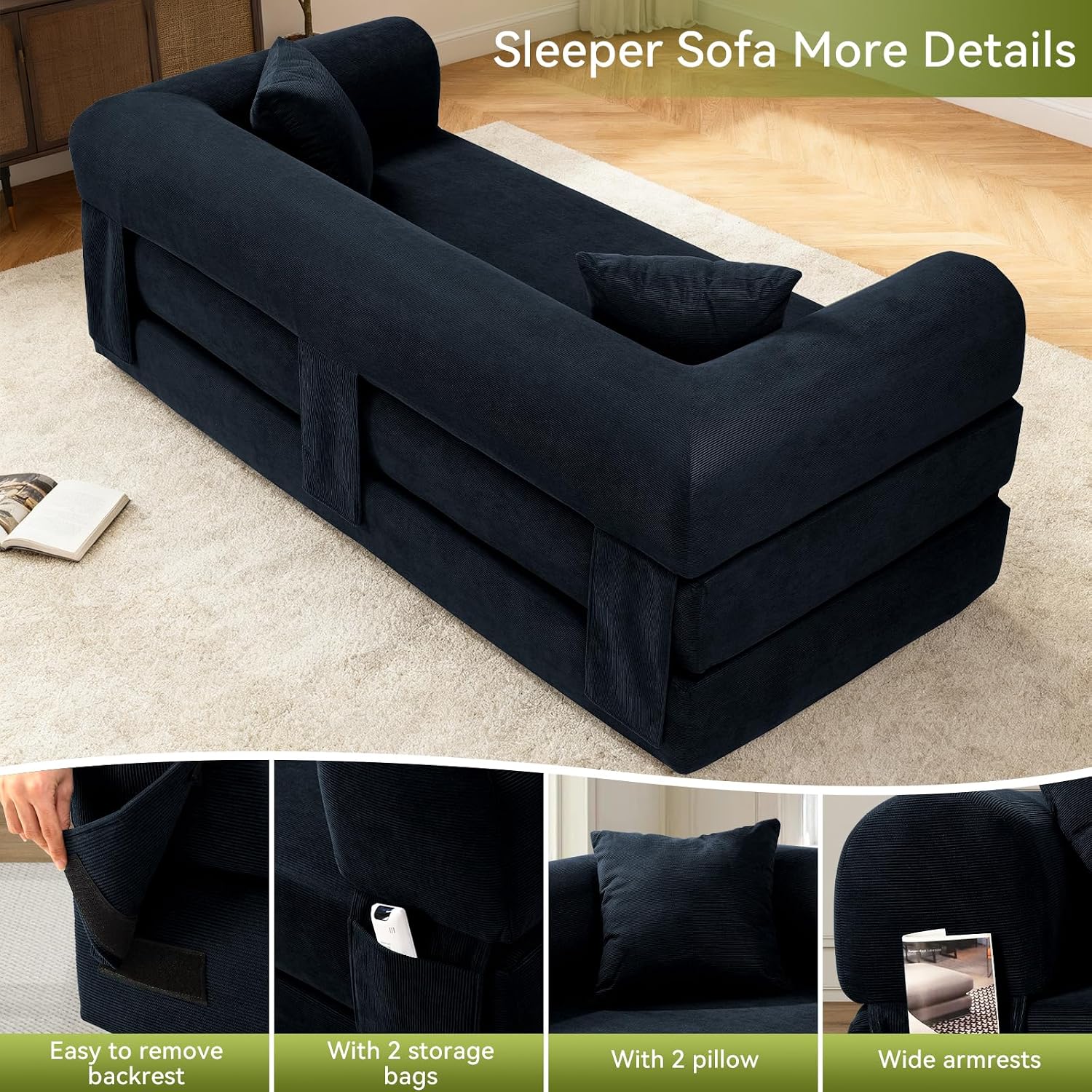 Convertible Futon Sofa Bed,80' Folding Pull Out Couch Bed with Storage,Queen Sleeper Sofa Bed,Compressed Couch in a Box,Corduroy Boneless Couches for Living Room,Deep Blue