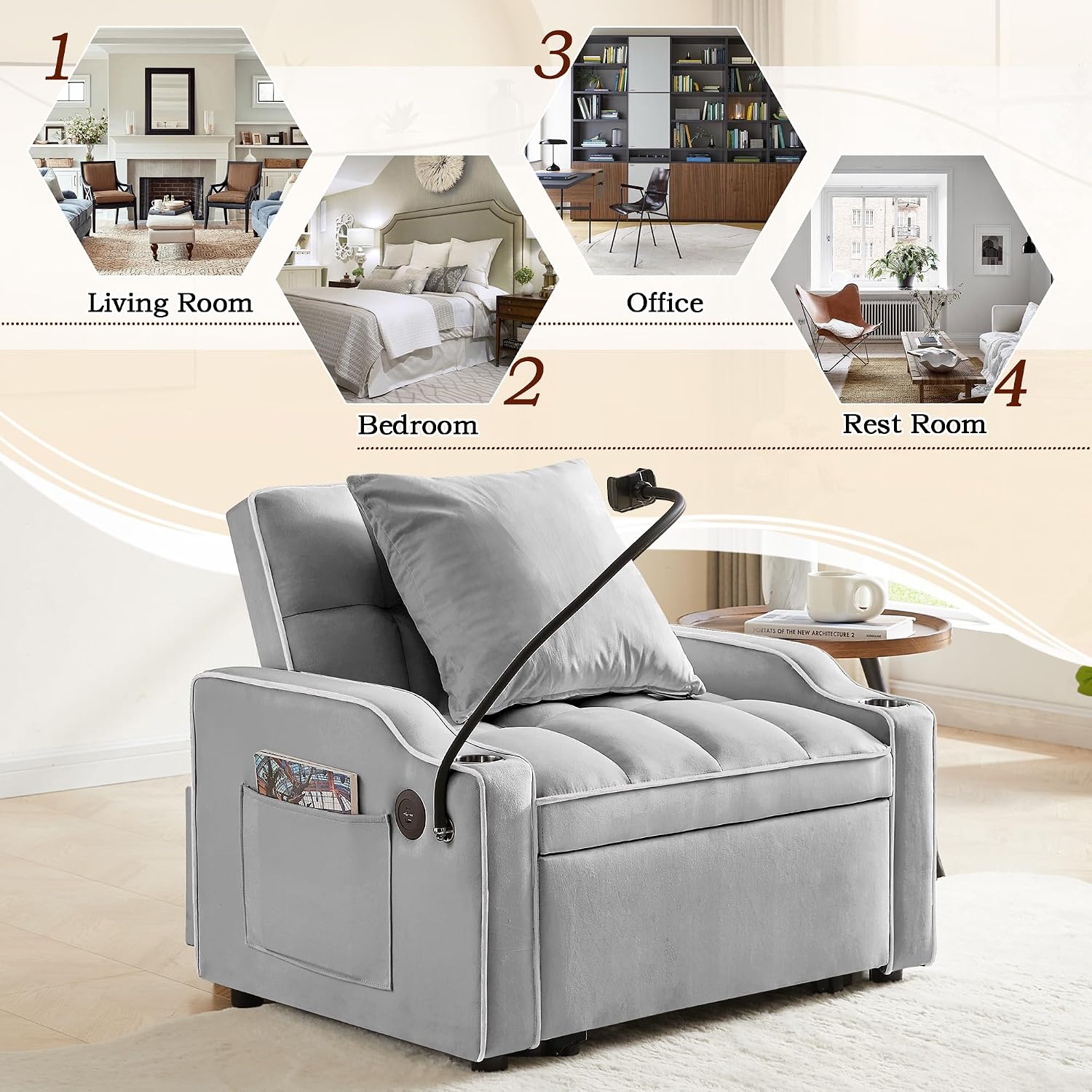 SLEERWAY 3-in-1 Convertible Futon Sofa Bed Chair, Multi-Functional Sleeper Chair Bed with Pull Out Couch and Adjustable Backrest, Modern Velvet Chaise Lounge Armchair for Living Room Bedroom, Grey