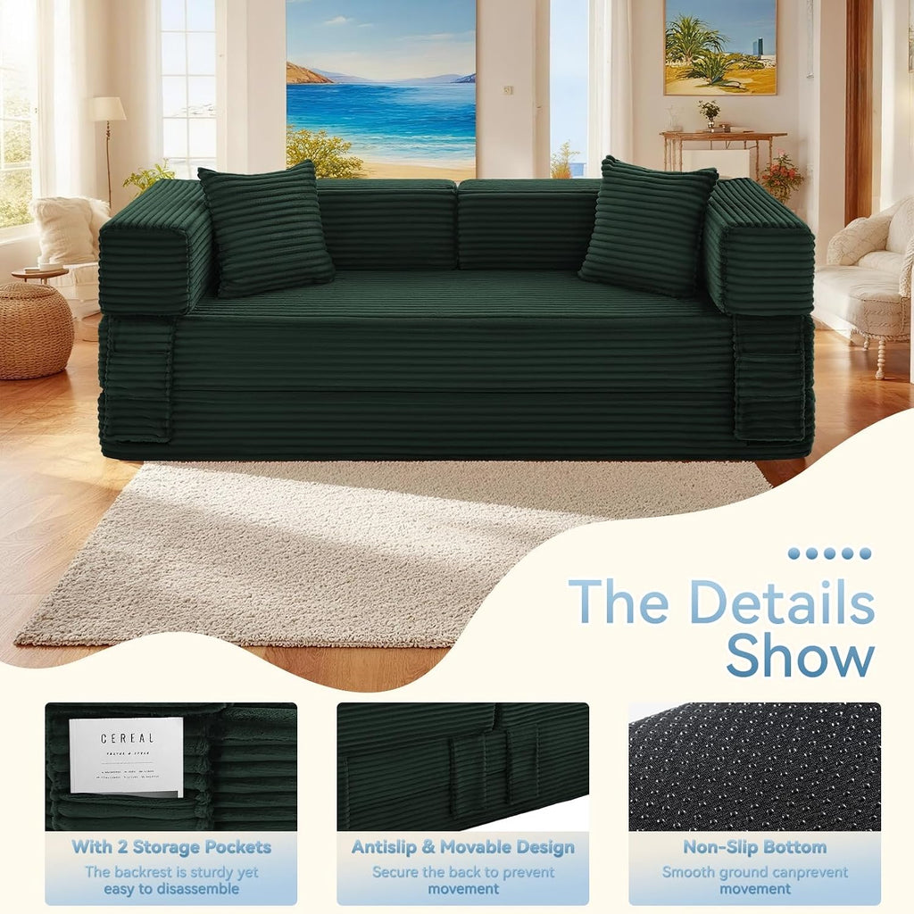 Convertible Sofa Bed,5-in-1FoldIing Couch Bed with Removable Armrests,Modular Futon Sleeper Sofa in Box with Pull Out Beds,Compression Boneless Couch for Living Room,Deep Green