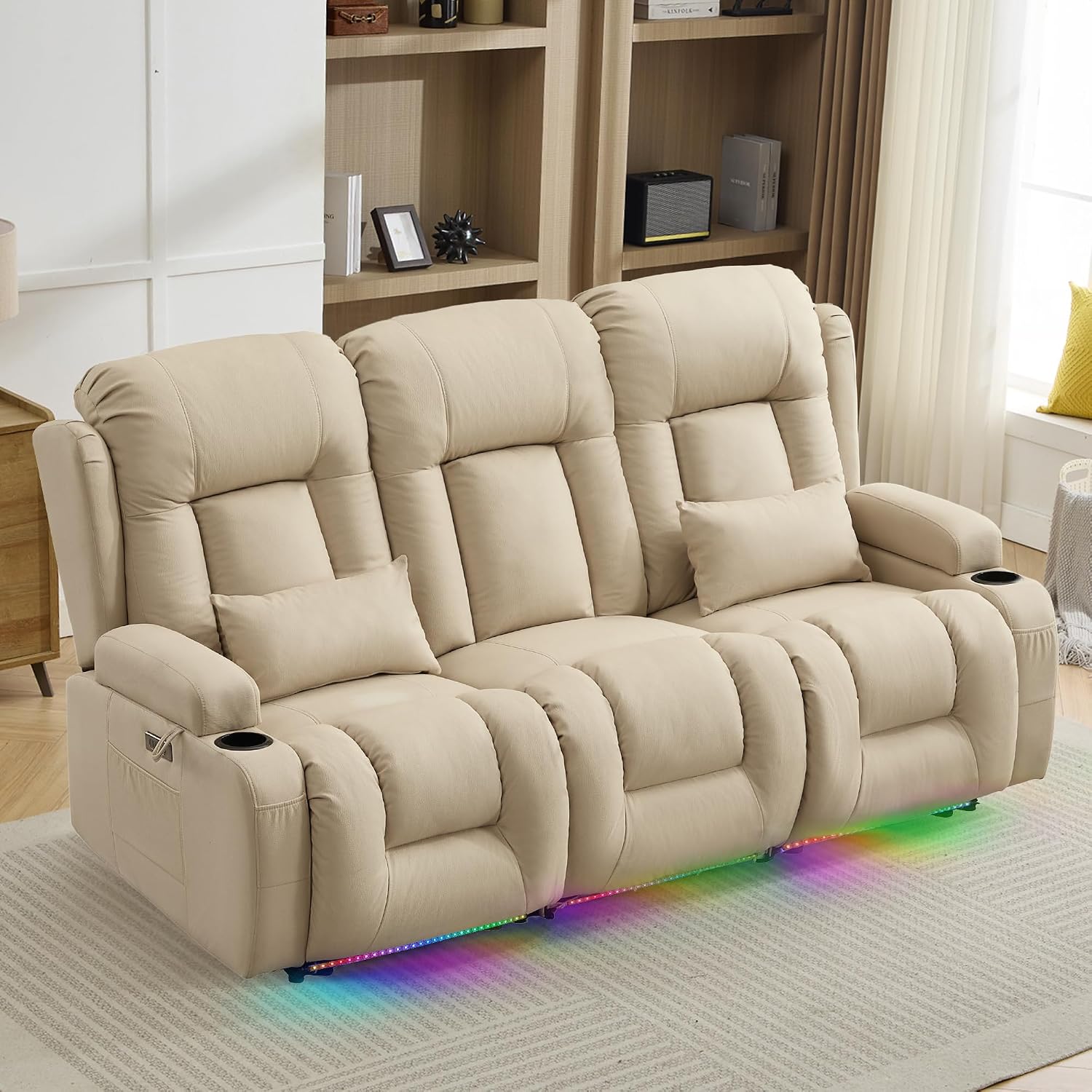 TUNYI Power Loveseat Recliner Sofa with Massage & Heat Home Theater Seating with Console RV Recliner Loveseat Sofa with USB/Storage/Side Pocket/LED Light/Speaker (Beige, 3 Seat)