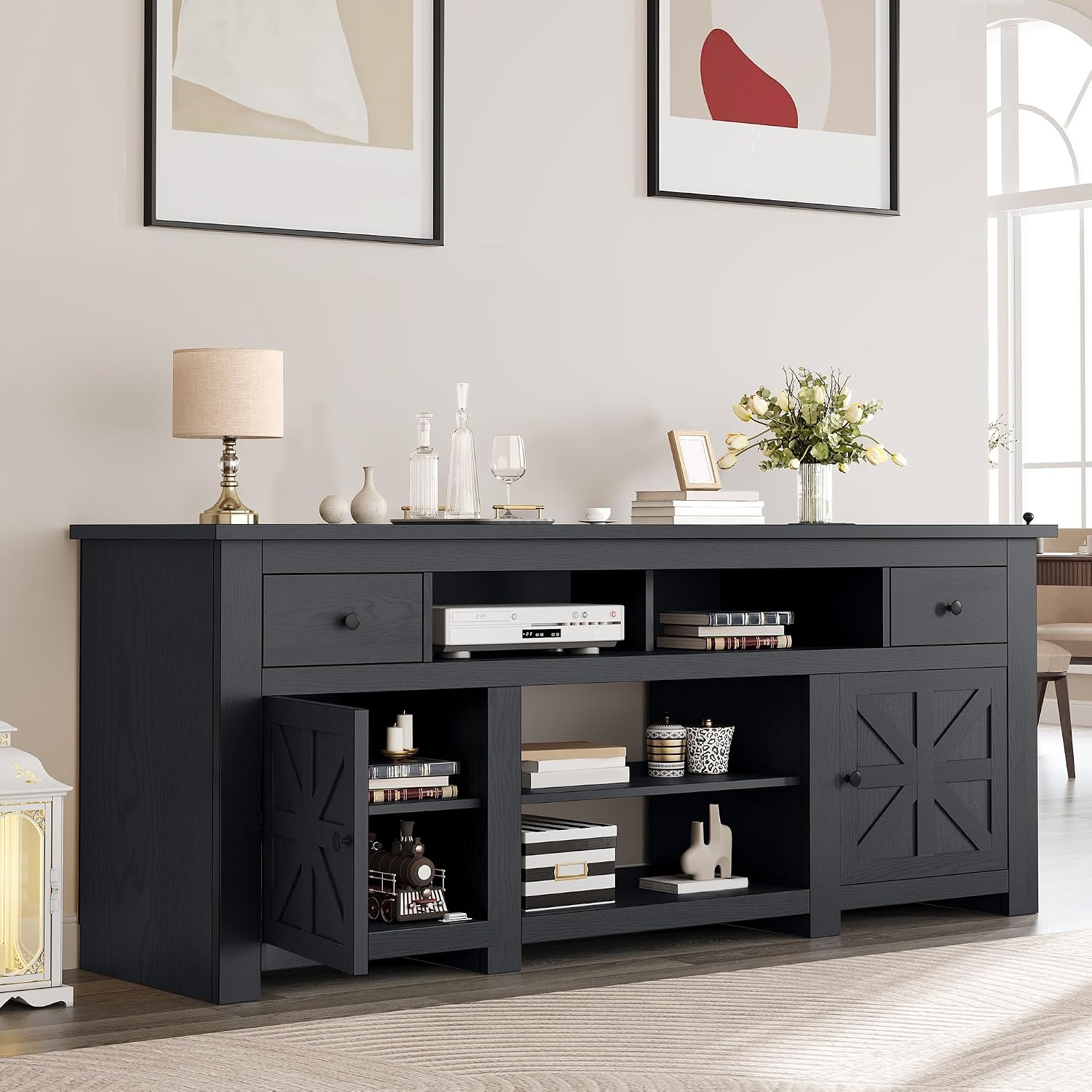 YITAHOME TV Stand for 75/80 Inch TV, Entertainment Center, TV Cabinet with Drawers and Power Outlet, Black TV Console for Living Room Furniture (70 Inch Lenght 30 Inch High) | with Drawers, Power Outlet, Furniture