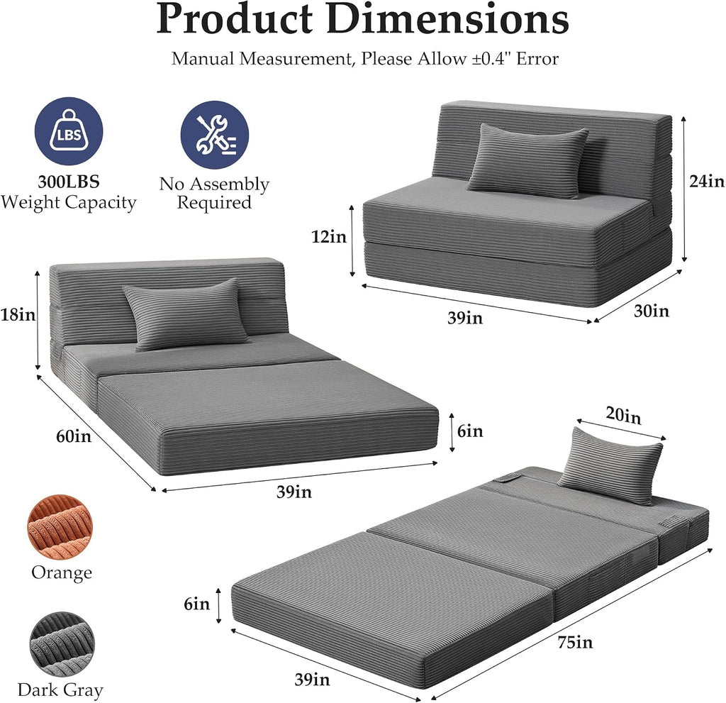 Youzi Folding Sofa Bed Convertible Sleeper Chair with Pillow, 4-in-1 Foldable Mattress Futon Couch Bed to Lounge Chair for Living Room, Bedroom, Dorm & Guest, Washable Cover, Dark Gray, Twin