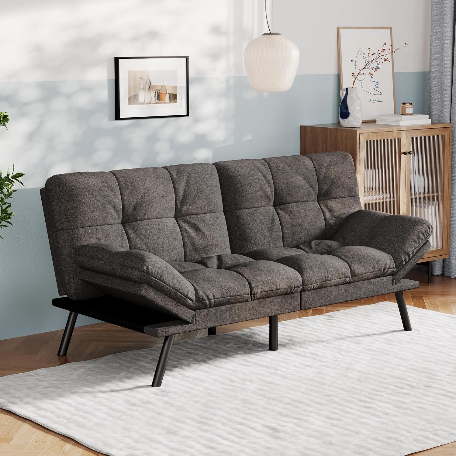 Vyfipt Convertible Futon Sofa Bed, Grey Linen Futon Couch with Adjustable Backrest & Armrests, Folding Small Recliner Sleeper Sofa Bed for Living Room, Apartment, Office