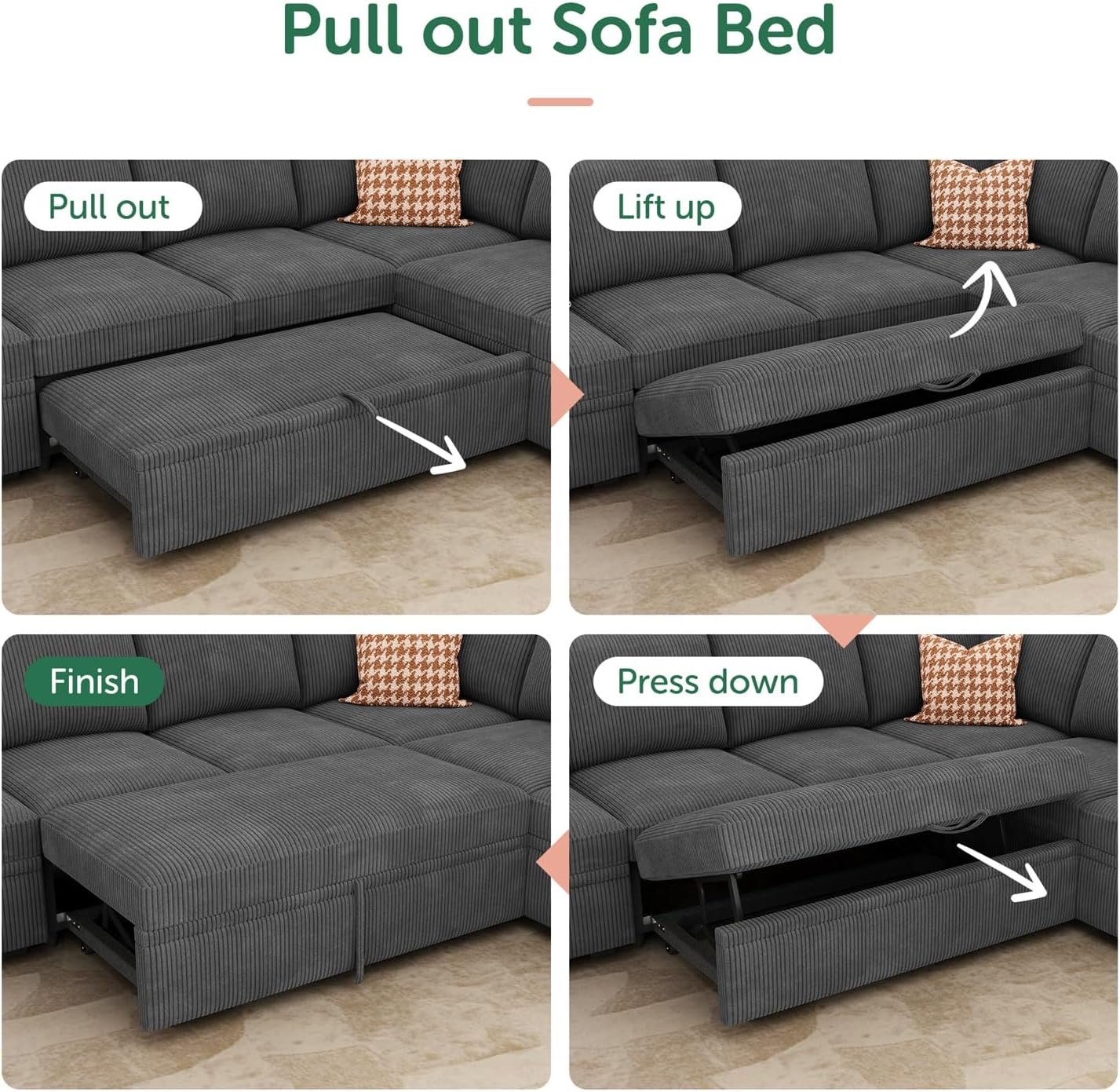 HONBAY Modular Sectional Sleeper Sofa Bed, Corduroy Pull Out Couch with Storage Ottoman, U Shaped Sectional Couches for Living Room, Dark Grey