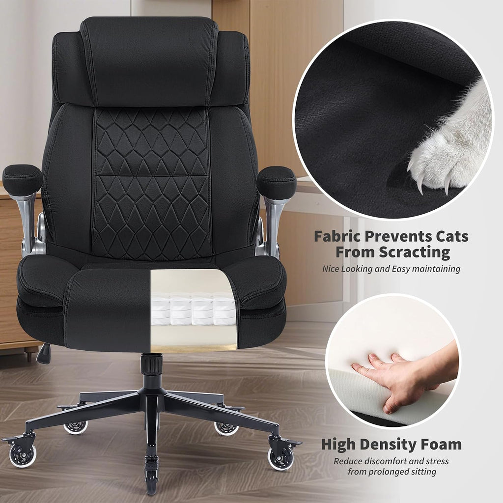 Office Chair with Locking Wheels, Ergonomic High Back Fabric Desk Chair with Adjustable Lumbar Support, Flip-Up Arms, Thick Padded Seat, 400lbs Heavy Duty for Home Office Adults