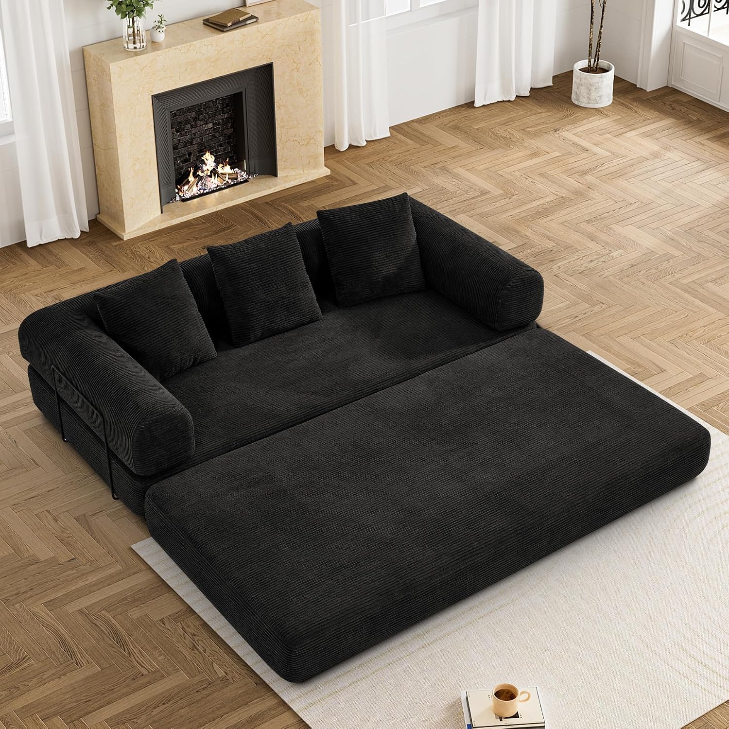 DAMAIFROM Convertible Sleeper Sofa Bed with Cylindrical Pillow,Corduroy Folding Mattress Couch with Fixed-Shape Frame,Modular Floor Sofa Lounge Couch for Living Room Bedroom Lounge,80',Black
