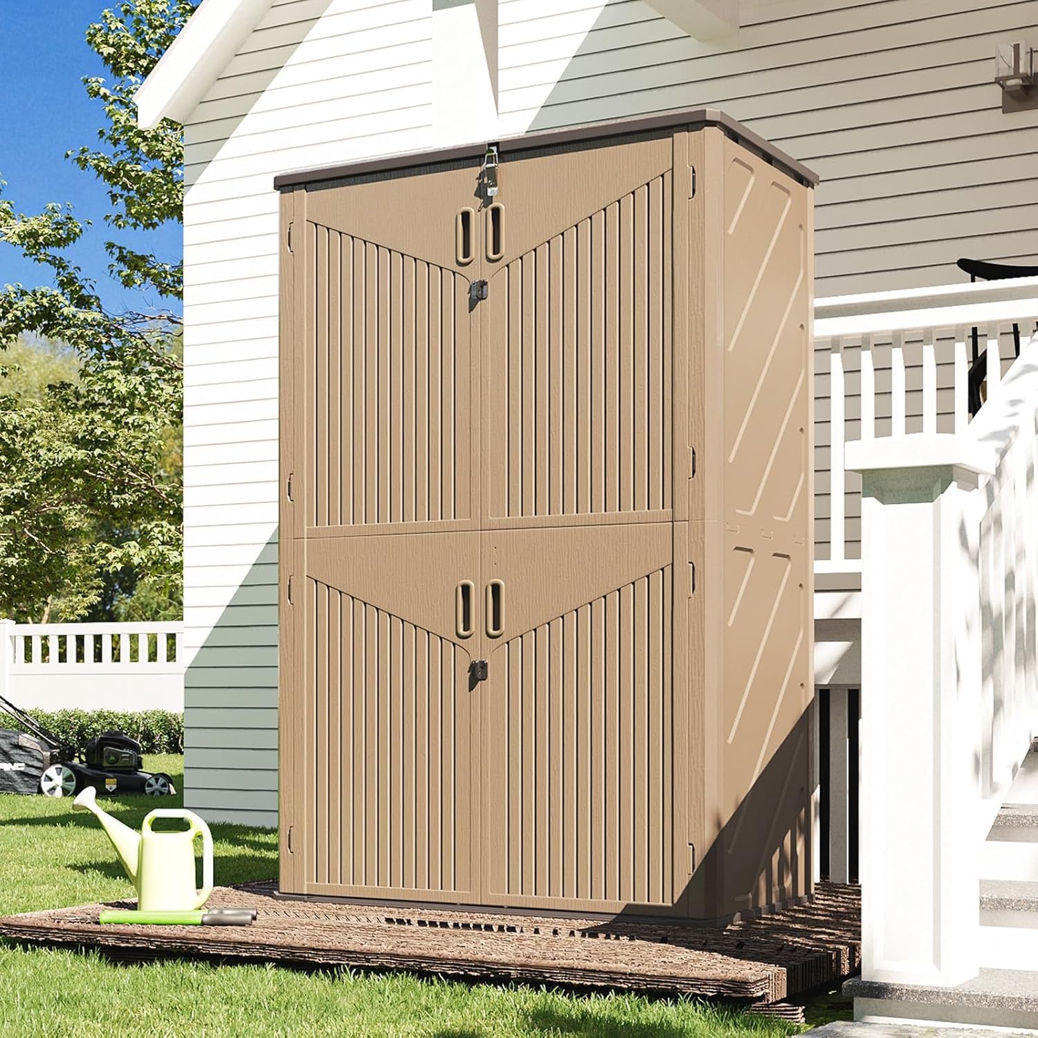 Aoxun Outdoor Storage Shed, 64 Cu.Ft Vertical Storage Sheds Outdoor with Floor, Outdoor Waterproof Storage Cabinet for Garage Storage, Pool Storage (Brown)