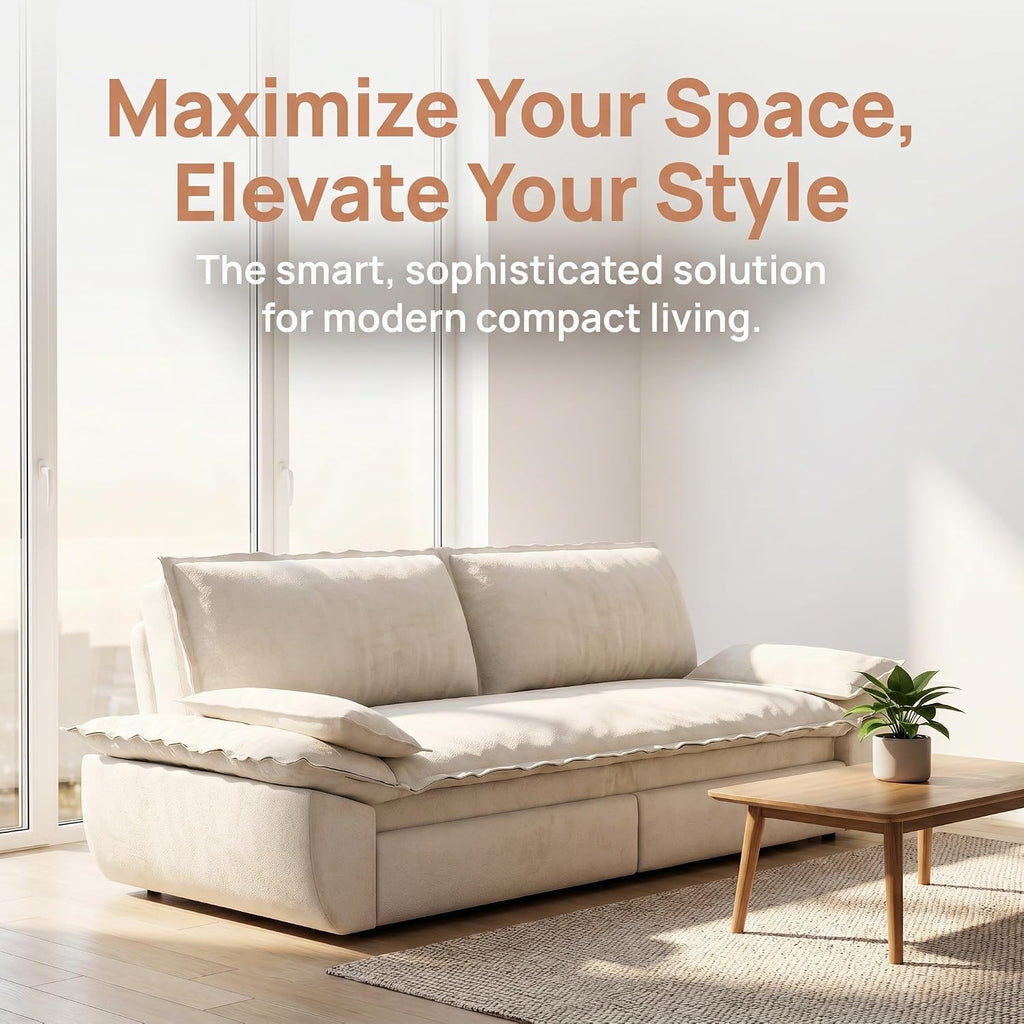73.2' Sofa Bed Queen, 3-in-1 Pull Out Sofa Bed with Pillow Armrest, Modern Velvet Convertible Sleeper Futon Sofa for Living Room Small Space, Apartment, Bedroom, White