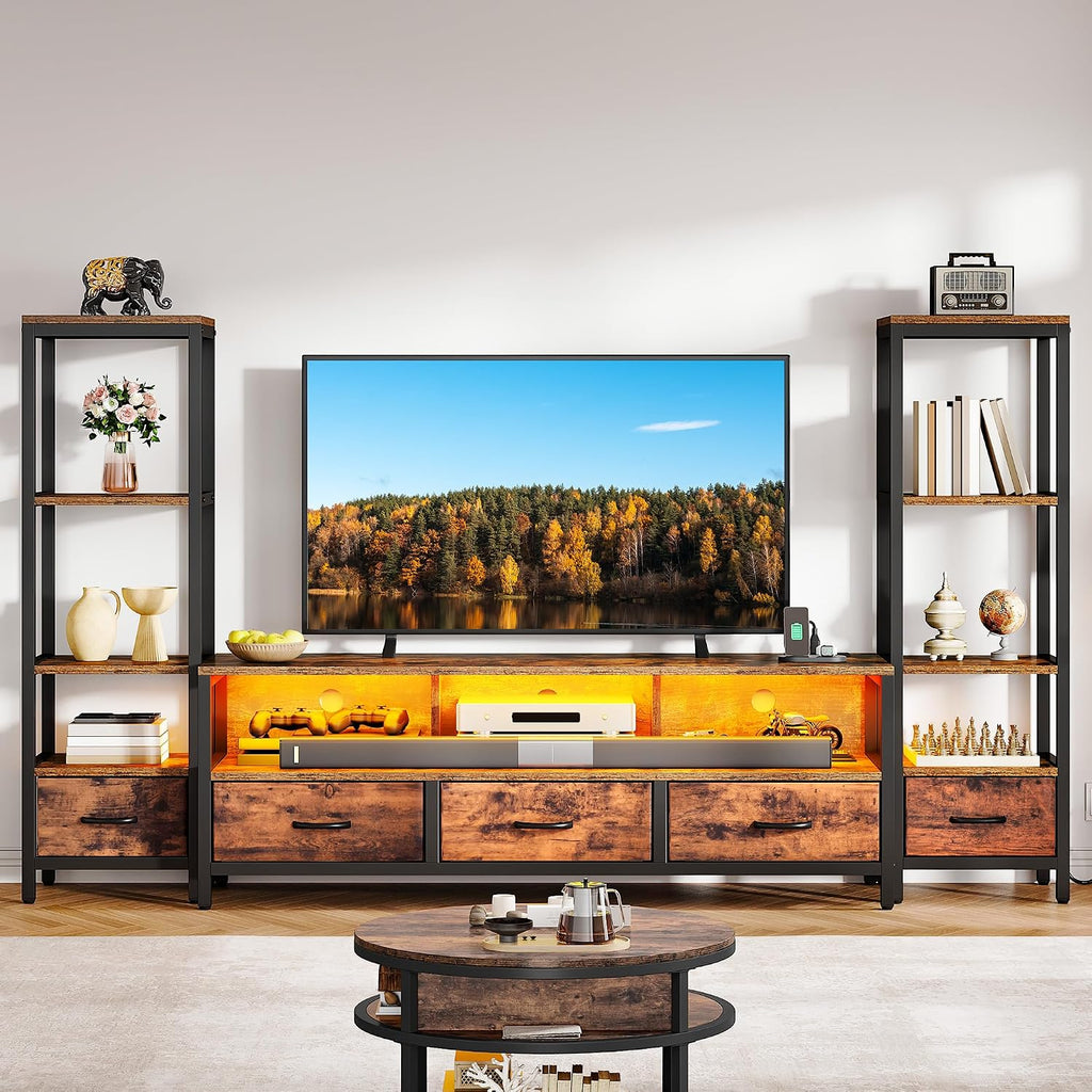 DWVO Entertainment Center with Bookshelves, LED TV Stand for 65/60 inch TV, Retro TV Stand for Living Room with 2 Industrial 4-Tier Bookshelves & Power Outlets,Rustic Brown