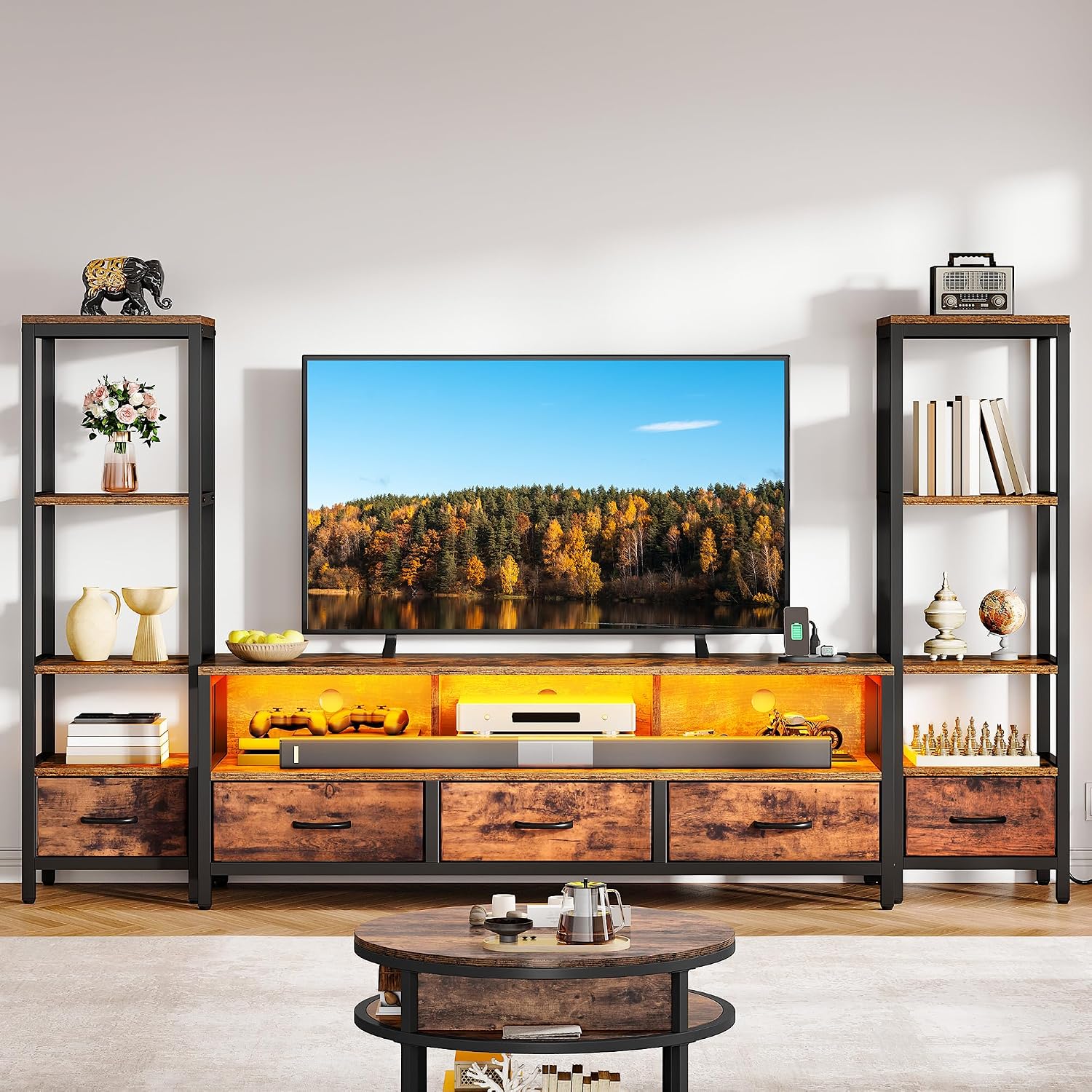 DWVO Entertainment Center with Bookshelves, LED TV Stand for 65/60 inch TV, Retro TV Stand for Living Room with 2 Industrial 4-Tier Bookshelves & Power Outlets,Rustic Brown