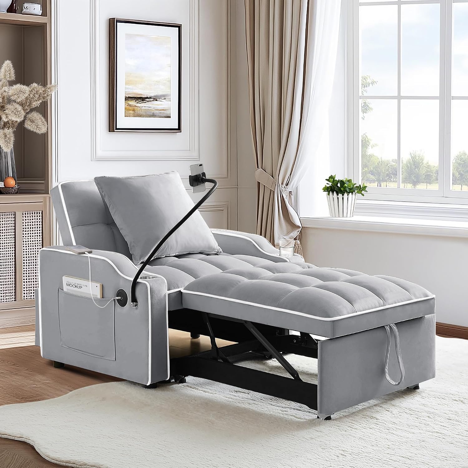 SLEERWAY 3-in-1 Convertible Futon Sofa Bed Chair, Multi-Functional Sleeper Chair Bed with Pull Out Couch and Adjustable Backrest, Modern Velvet Chaise Lounge Armchair for Living Room Bedroom, Grey