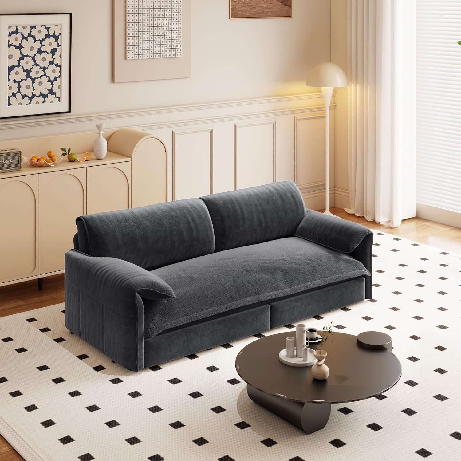 3 in 1 Convertible Queen Sleeper Sofa Bed Comfy Pull Out Futon Couch Bed 66' Modern Velvet Recliner Loveseat Sofa Multi-Functional Grey Cloud Couch for Living Room,Apartment,Office (Grey 66')