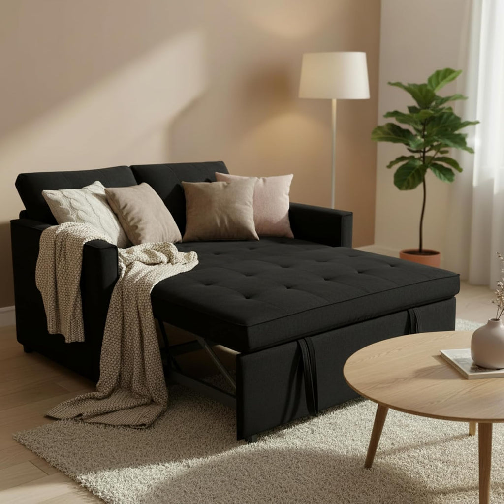 Sofa Bed, Pull Out Couch with Side Pockets, 3 in 1 Velvet Fabric Loveseat Sleeper Sofa Bed, Pull Out Couch with Adjustable Backrest for Living Room, Bedroom, Apartment, Black, 53 Inch