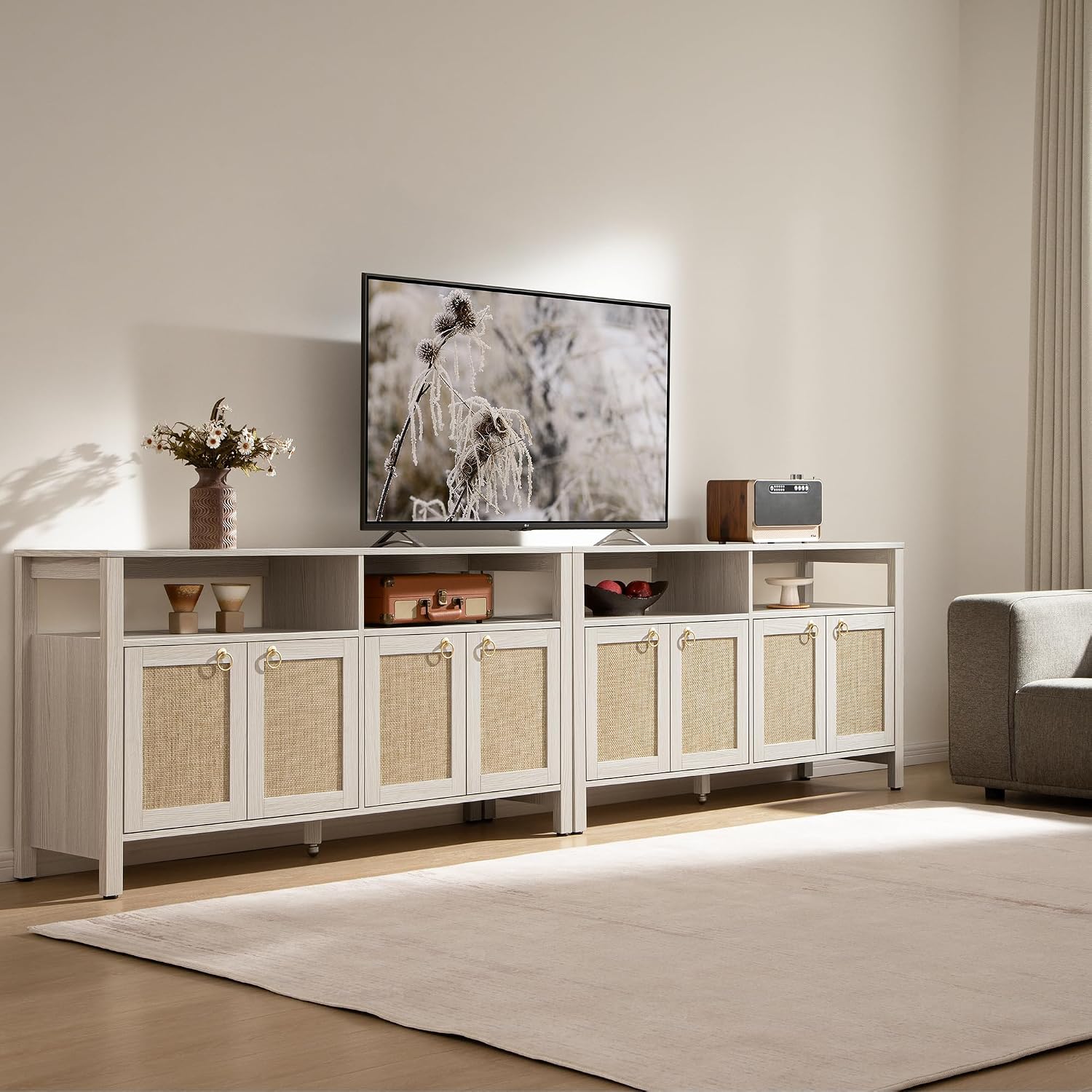 SICOTAS Rattan TV Stand for Television up to 120' - Large Entertainment Center with Storage and Open Shelves, Boho Media TV Console Cabinet with Doors and Adjustable Shelf for Living Room