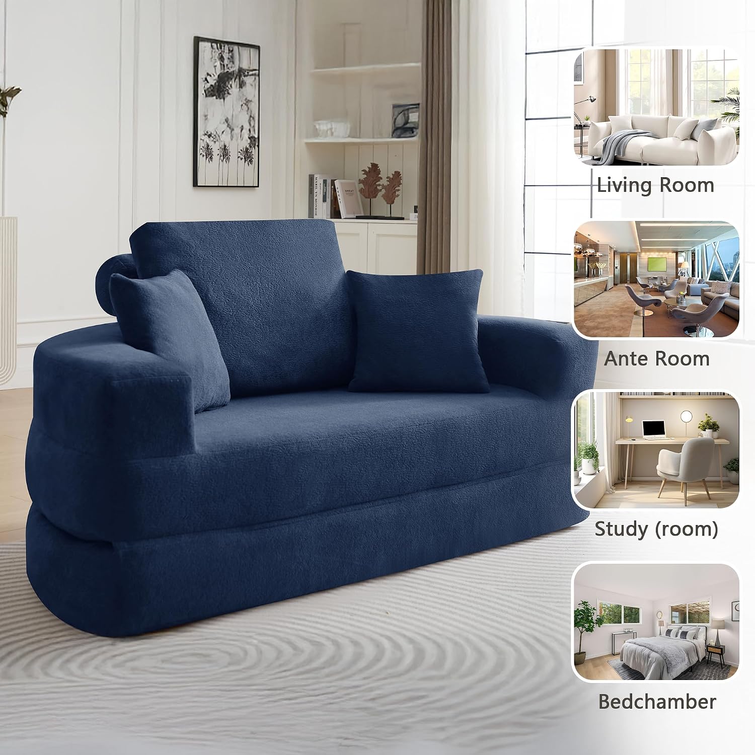 71' Boneless Couch Sofa Bed Oversized Round Couch 2-in-1 Foldable Floor Loveseat Sofa for Living Room and Apartment No Assembly.(Blue, 71')
