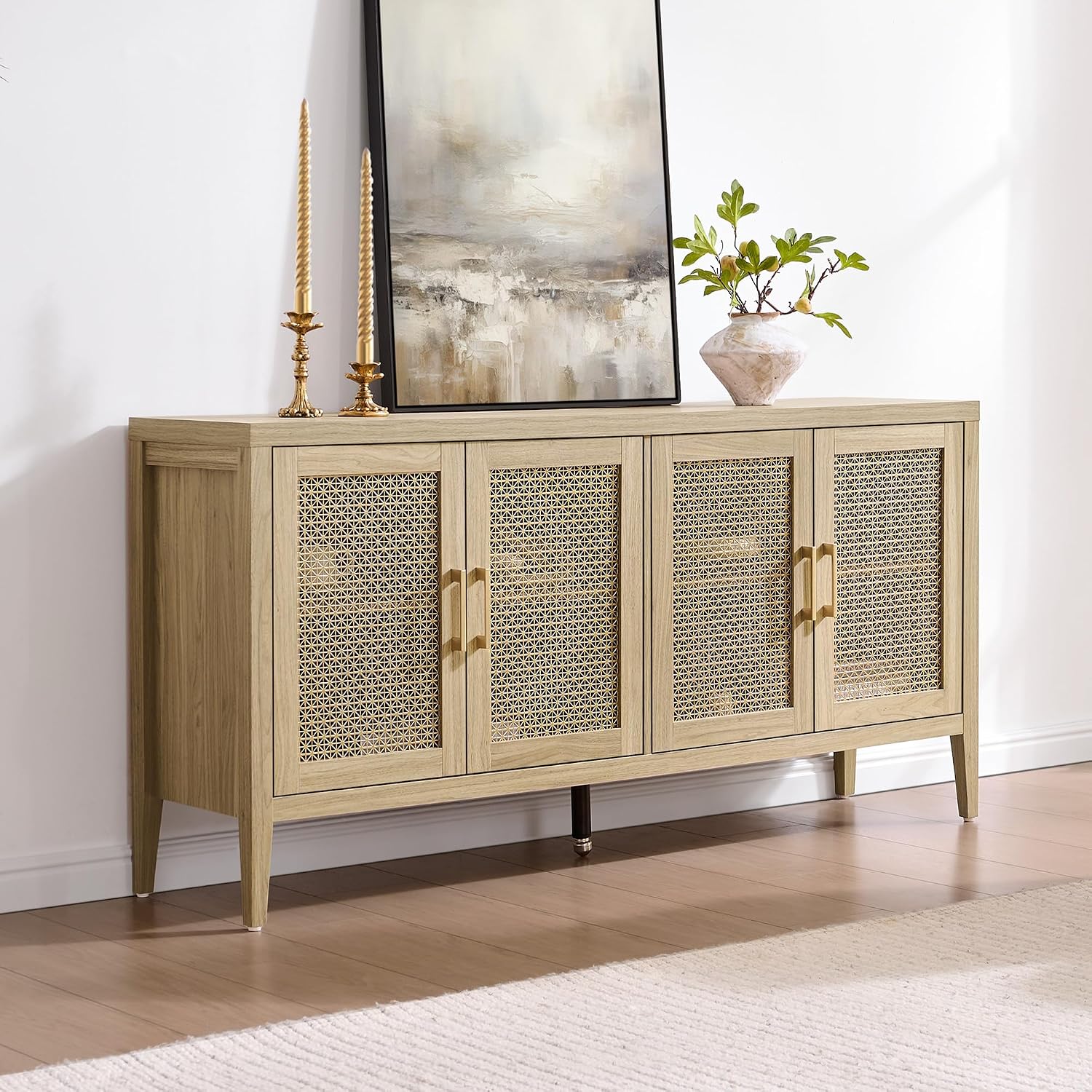 SICOTAS TV Stands for Living Room - Modern TV Console with 4 Doors Cabinet, 59' Television Stands Farmhouse Entertainment Center Media Console Credenza for 45 50 55 60 65 Inch TVs, Light Walnut