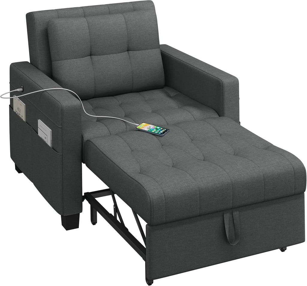 Yaheetech Convertible Futon Sofa Bed 3-in-1 Sleeper Chair Bed Tufted Couch with Adjustable Backrest, 2 USB Ports for Living Room Bedroom Small Space, Dark Gray