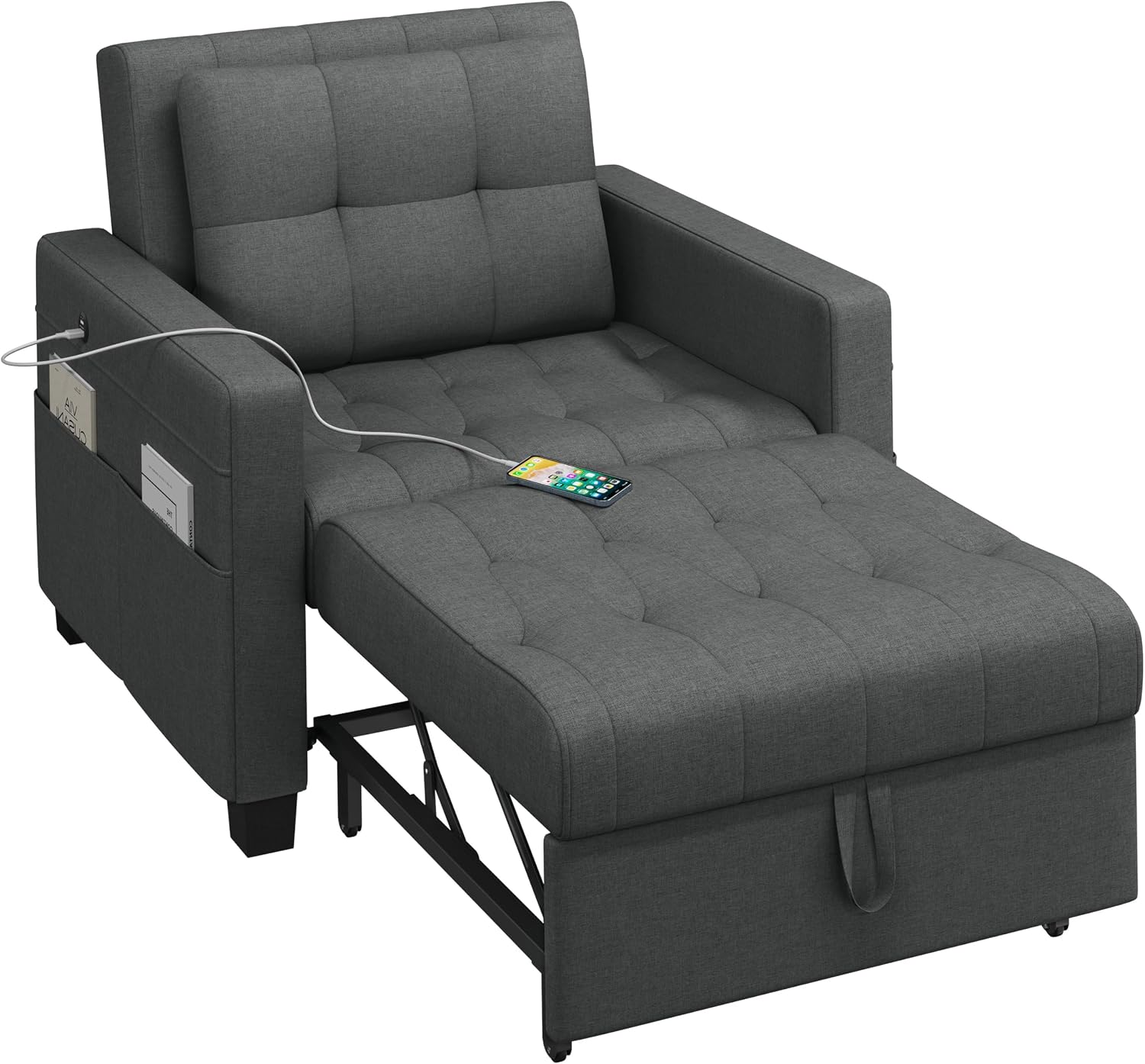Yaheetech Convertible Futon Sofa Bed 3-in-1 Sleeper Chair Bed Tufted Couch with Adjustable Backrest, 2 USB Ports for Living Room Bedroom Small Space, Dark Gray