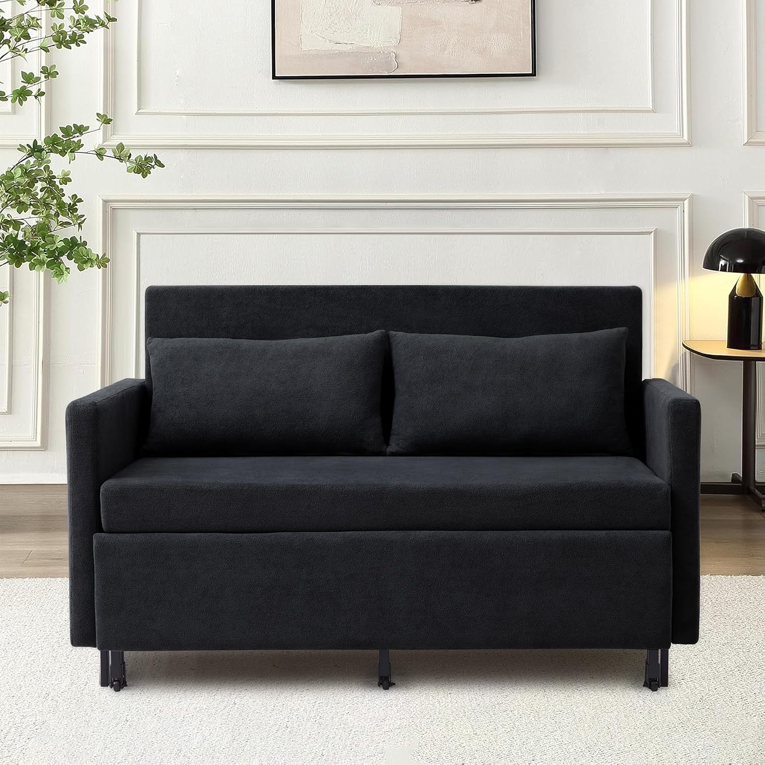 51'' Small Pull Out Sofa Bed, 3-in-1 Convertible Sleeper Couch Bed, Chenille Futon Sleeper Sofa with Side Table and 2 Pillows, Modern Loveseat Couch for Living Room, Bedroom, Home Office (Black)