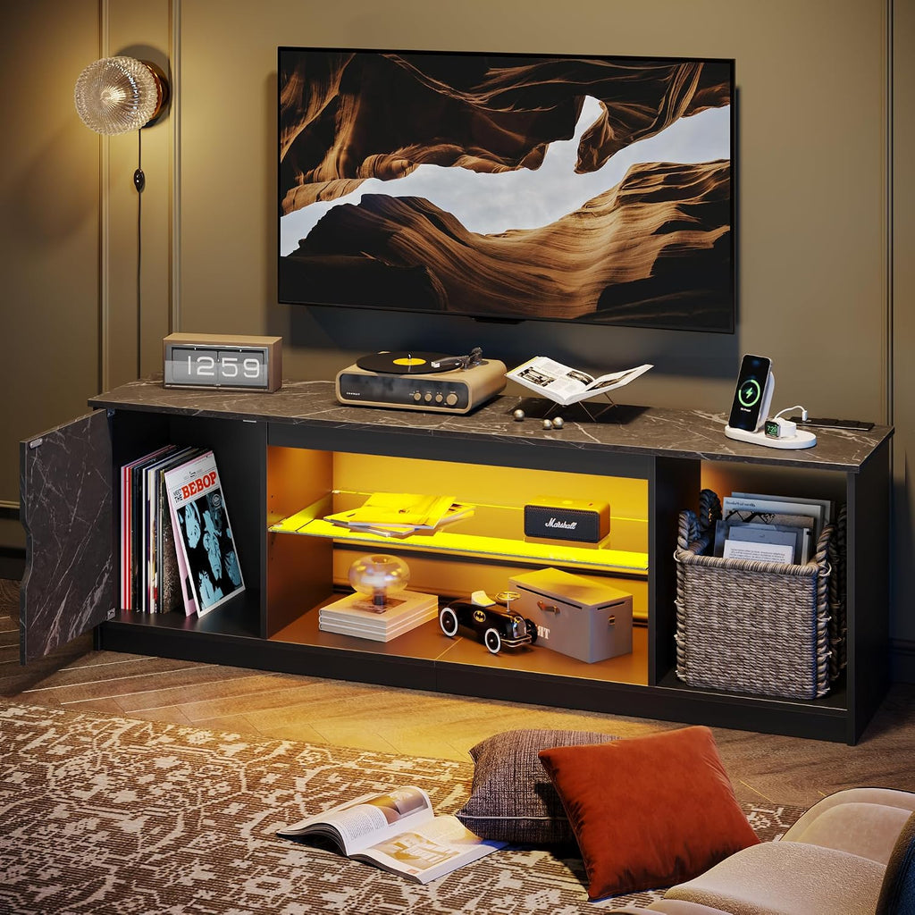 Bestier TV Stand with Power Outlets for Bedroom, Gaming TV Stand for 65inch TV, Black Entertainment Center for PS5, TV Console with Adjustable Glass Shelves for Living Room, Black Marble