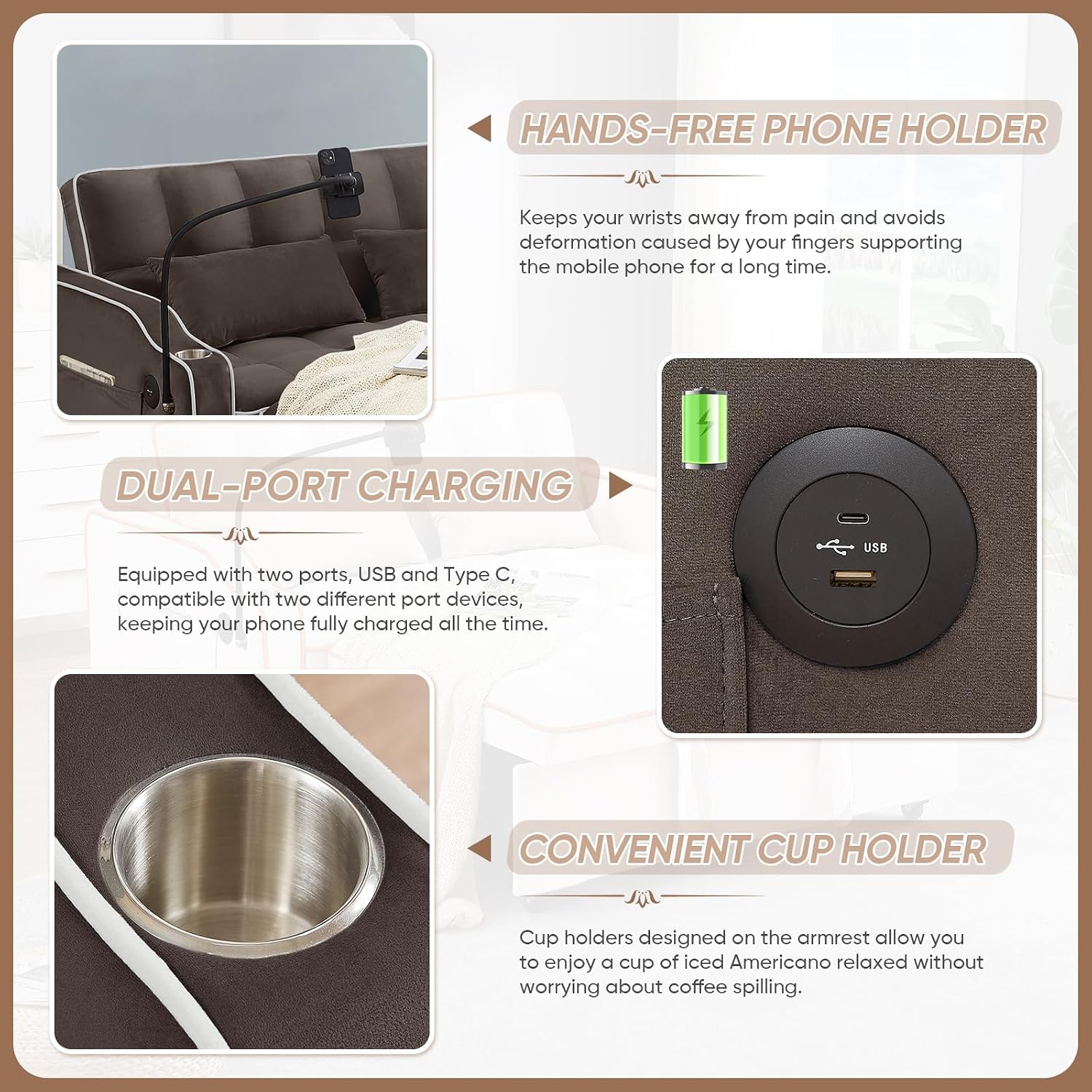 Antetek Sleeper Sofa Couch Bed with USB & Type C Port, Modern 3-in-1 Convertible Velvet Pull Out Loveseat Futon Sofa w/Phone Holder/Cup Holder for Living Room Apartment, Adjustable Backrest, Coffee