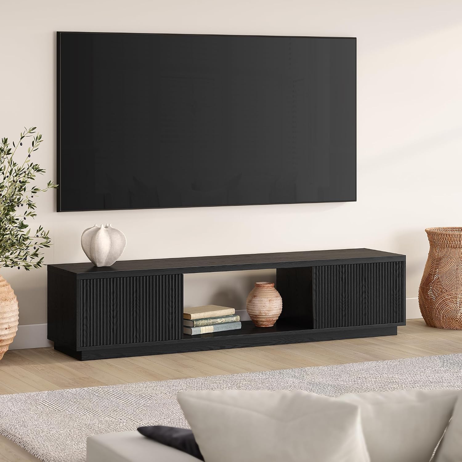 Henn&Hart Fluted TV Stand for TVs up to 78' with 2 Ribbed Side Storage Cabinets and Open Center Storage for Living Room, Family Room, or Office, Natural Black