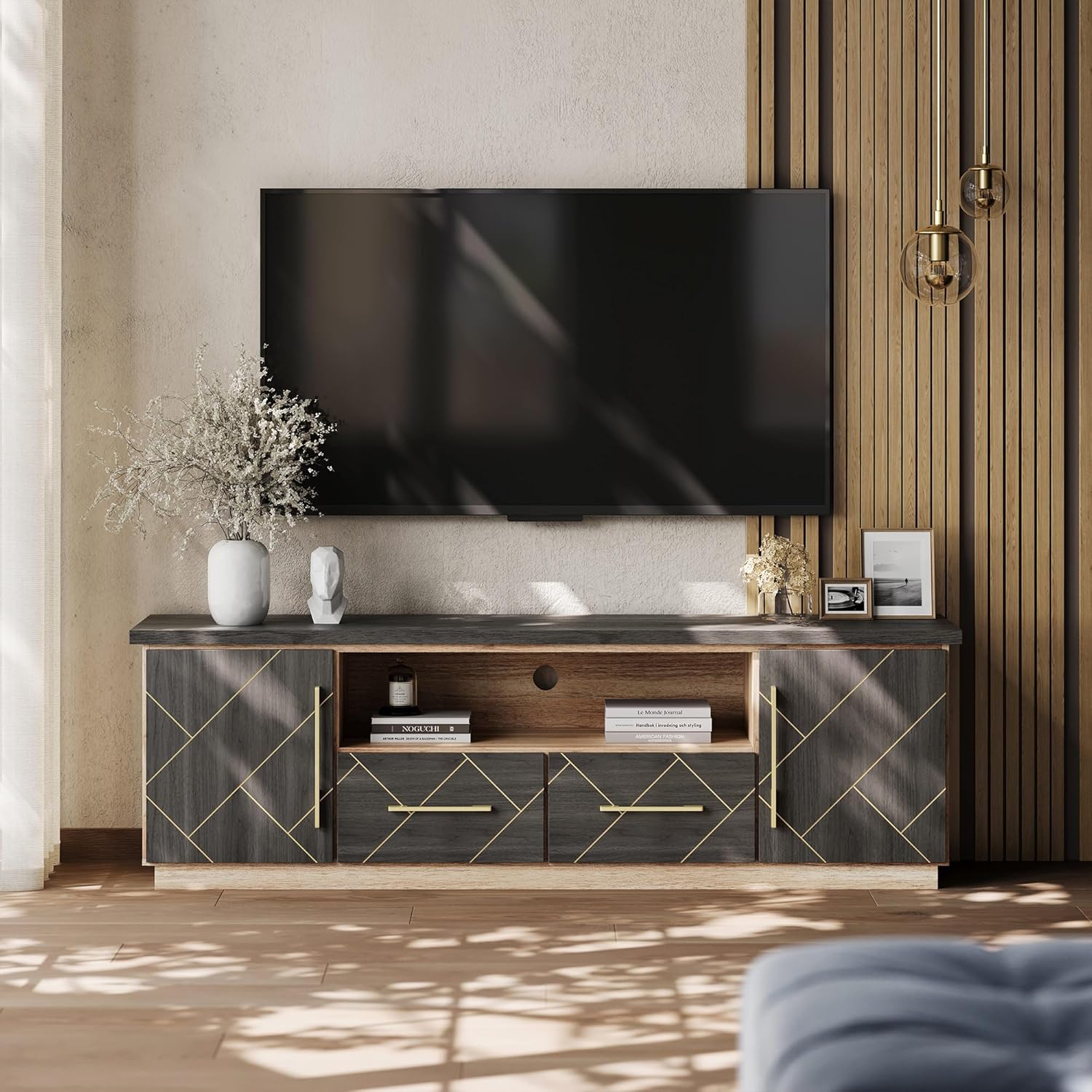 BELLEZE 70 Inch Modern TV Stand with Gold Trim, Elegant Entertainment Center with Storage, Media Console Table with Drawers & Open Shelves for Living Room (Espresso Black)