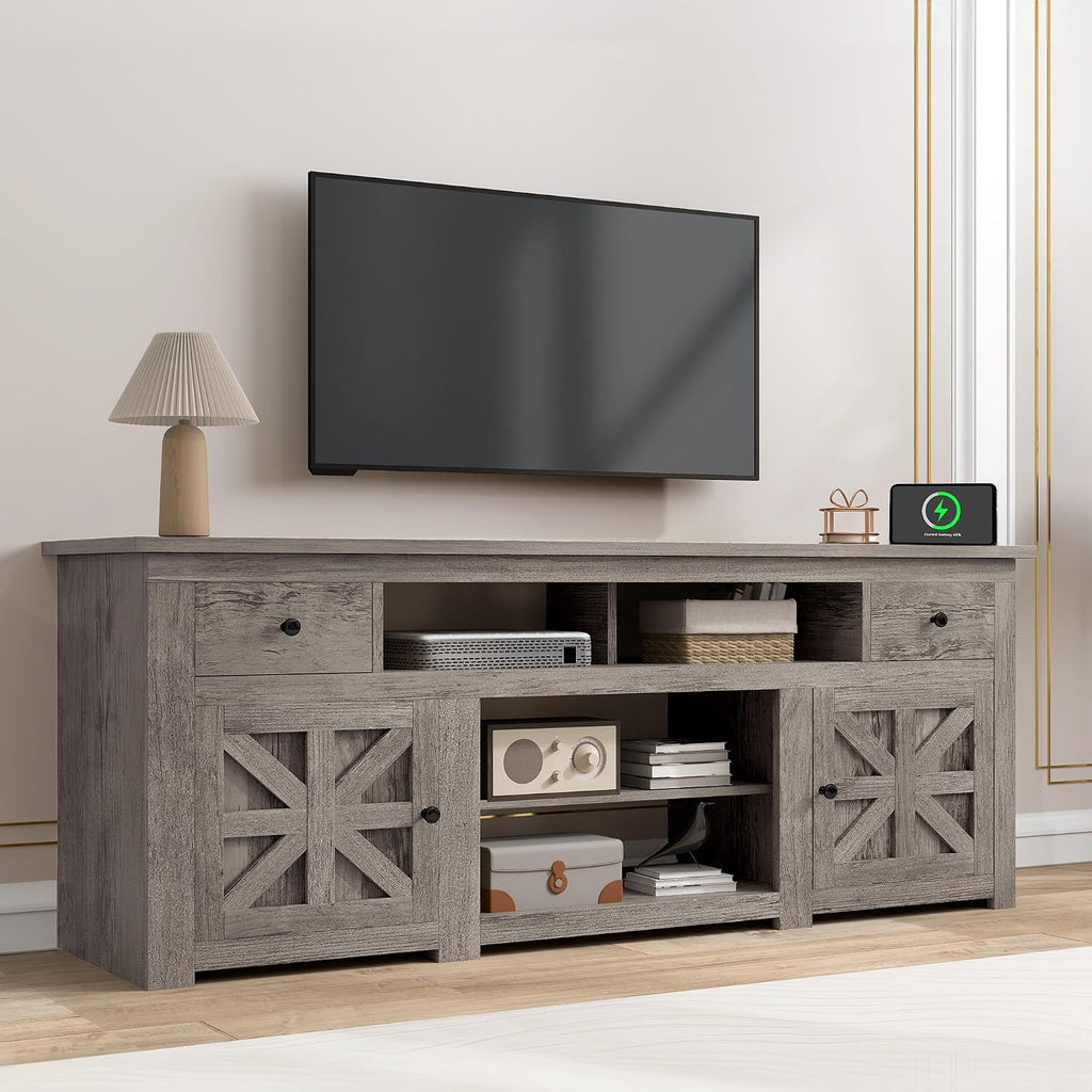 DWVO Farmhouse TV Stand for 75/80 Inches TVs, Entertainment Centers Furniture 30' Tall, TV Consoles with Storage Drawers & Power Outlet, Rustic TV Stands for Living Room, Washed Grey