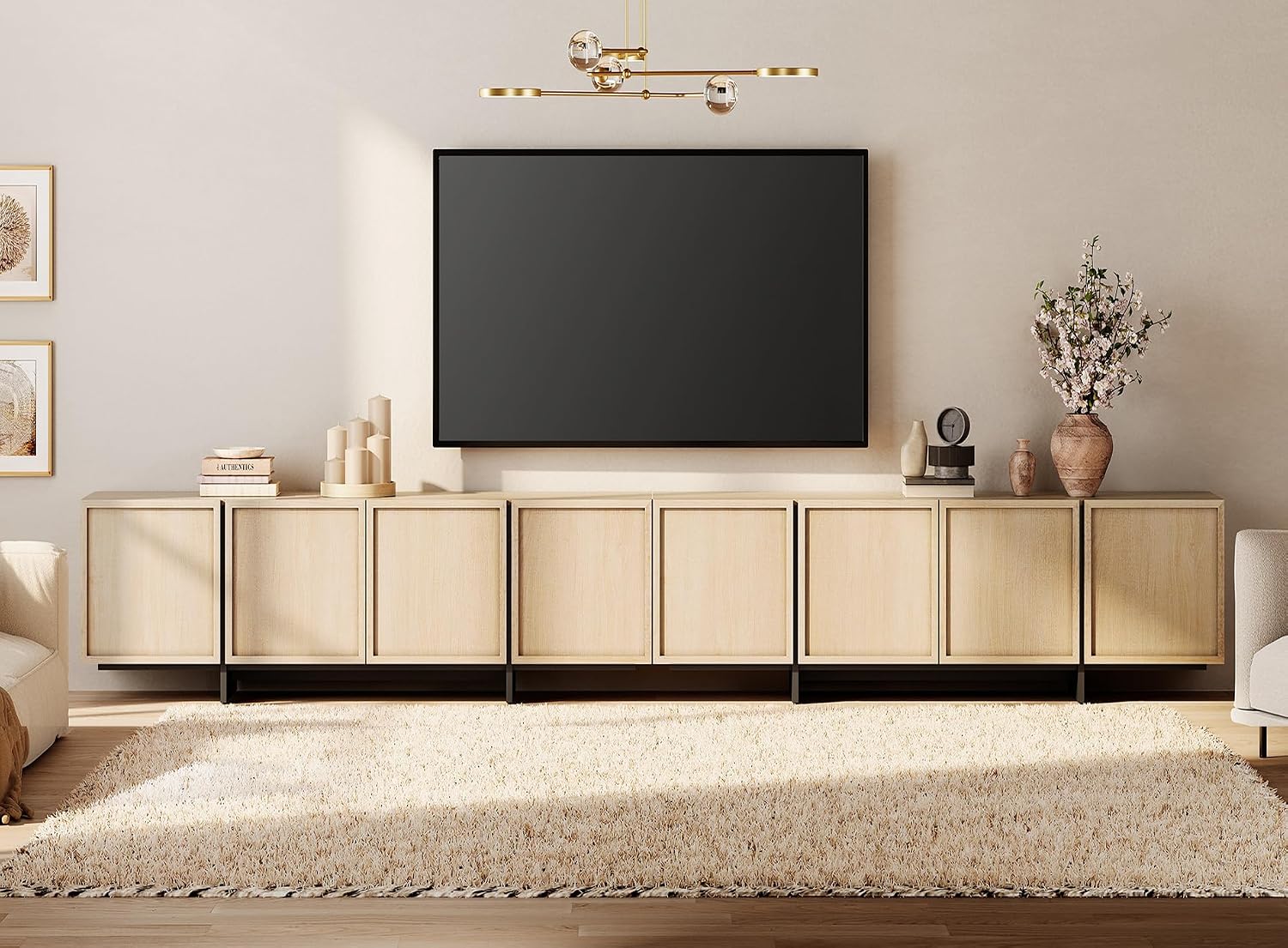 WAMPAT Modern TV Stand for 32-110 inch TVs, Wood Entertainment Center with Storage Cabinets, Media TV Console Table for Living Room, Light Oak